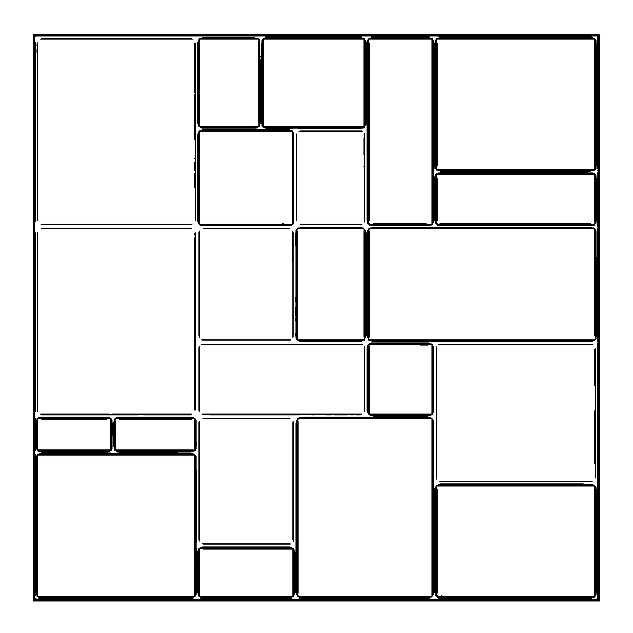 Mondrian-inspired geometric layout Coloring Page (free black-and-white line drawing printable PDF for all, from beginners to advanced learners, including children, teens, adults, and seniors)