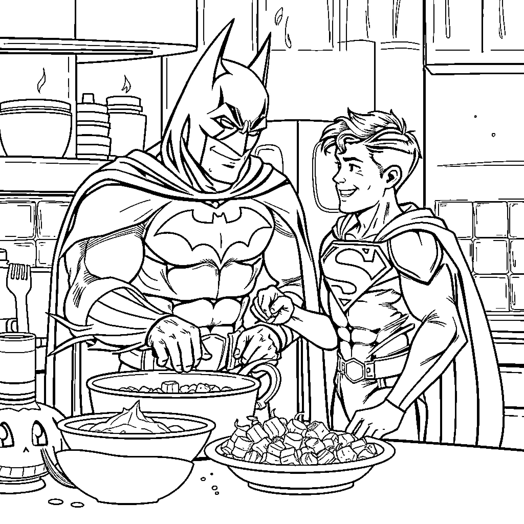 Batman and Robin enjoying a meal together Coloring Page (free black-and-white line drawing printable PDF for all, from beginners to advanced learners, including children, teens, adults, and seniors)