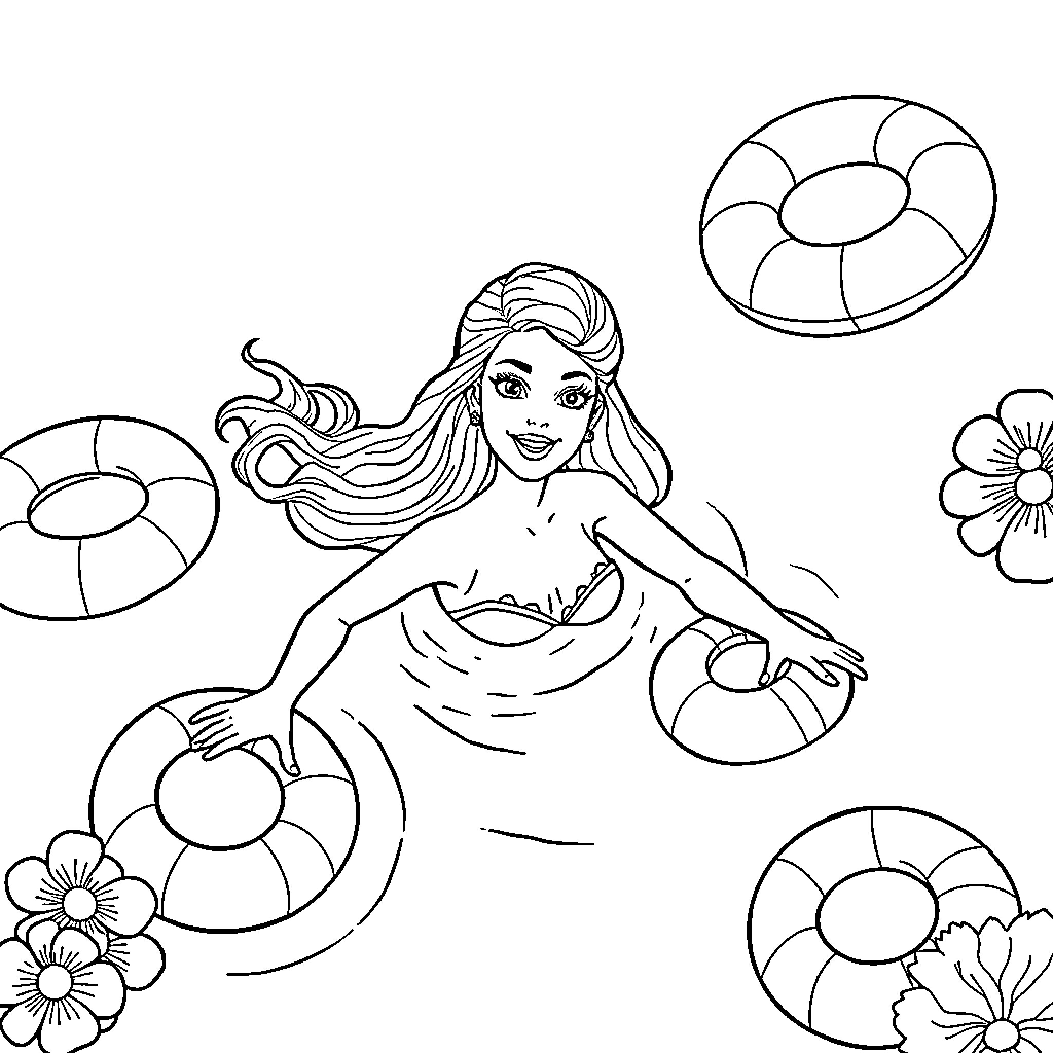 Barbie enjoying a summer day with pool floats and flowers Coloring Page (free black-and-white line drawing printable PDF for all, from beginners to advanced learners, including children, teens, adults, and seniors)