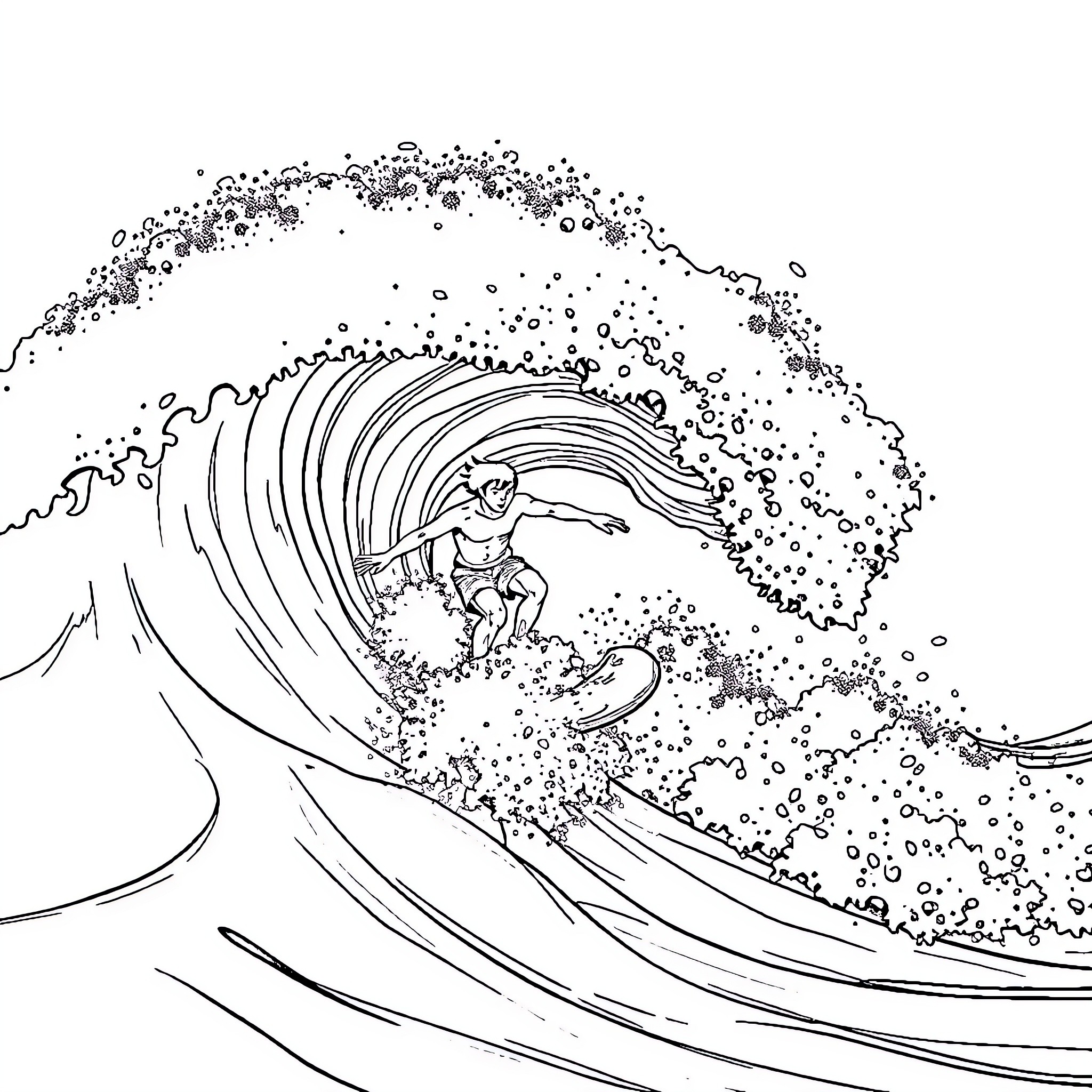 Rengoku surfing the crashing wave Coloring Page (free black-and-white line drawing printable PDF for all, from beginners to advanced learners, including children, teens, adults, and seniors)