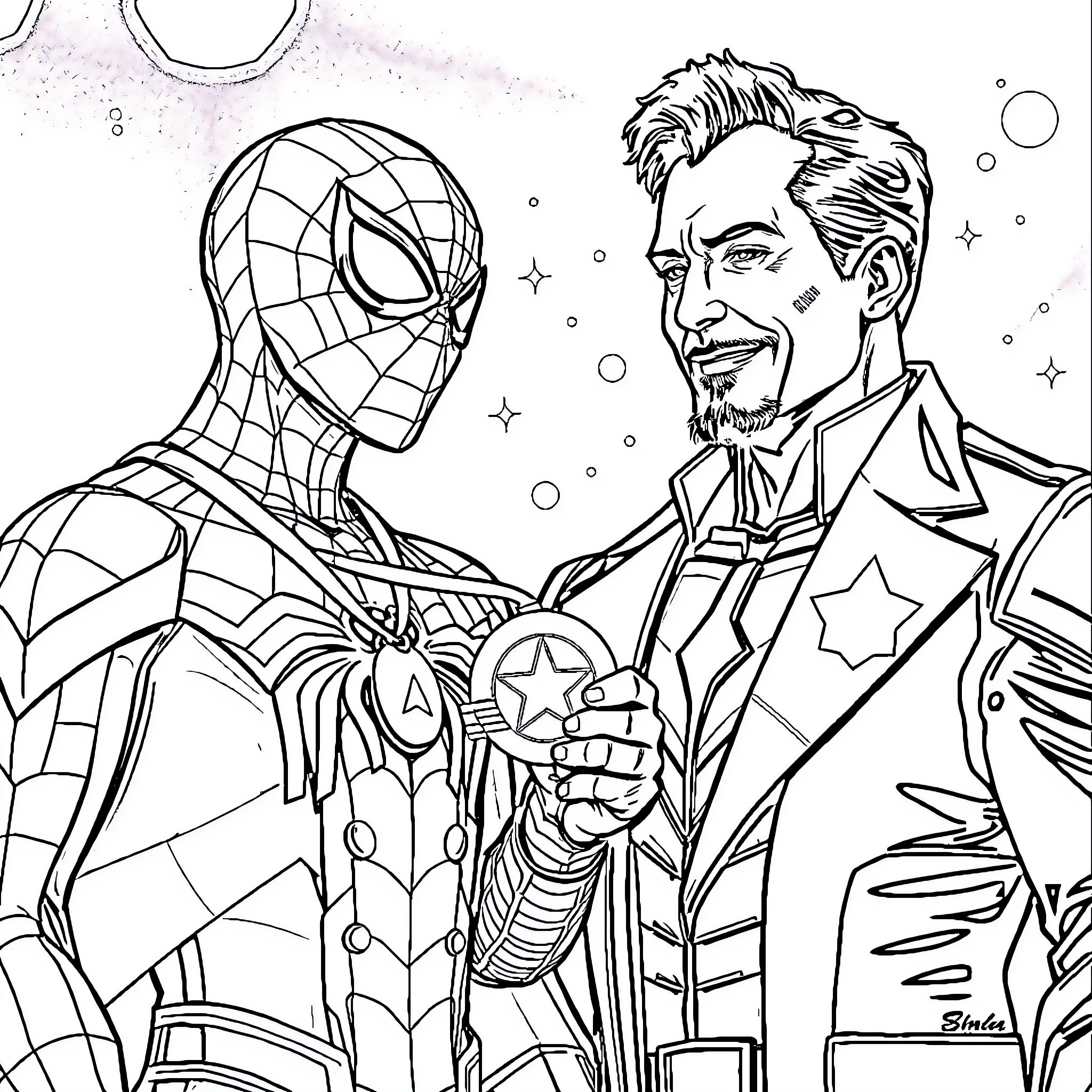 Spiderman and Iron Man in heroic poses Coloring Page (free black-and-white line drawing printable PDF for all, from beginners to advanced learners, including children, teens, adults, and seniors)