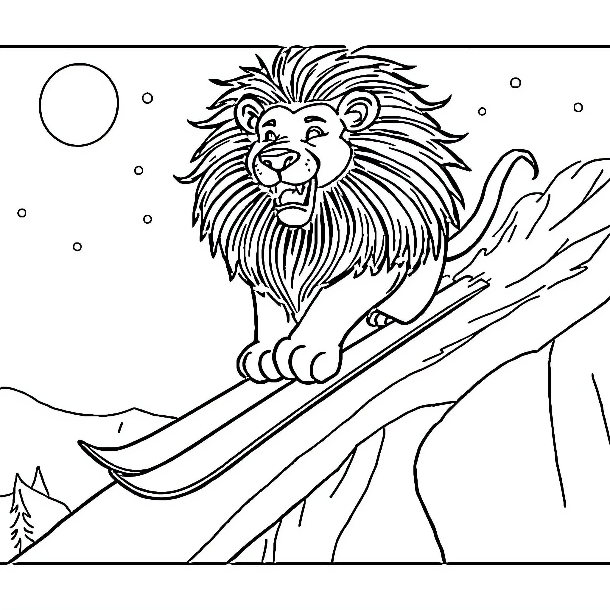 Lion roaring on snowy mountain peak Coloring Page (free black-and-white line drawing printable PDF for all, from beginners to advanced learners, including children, teens, adults, and seniors)