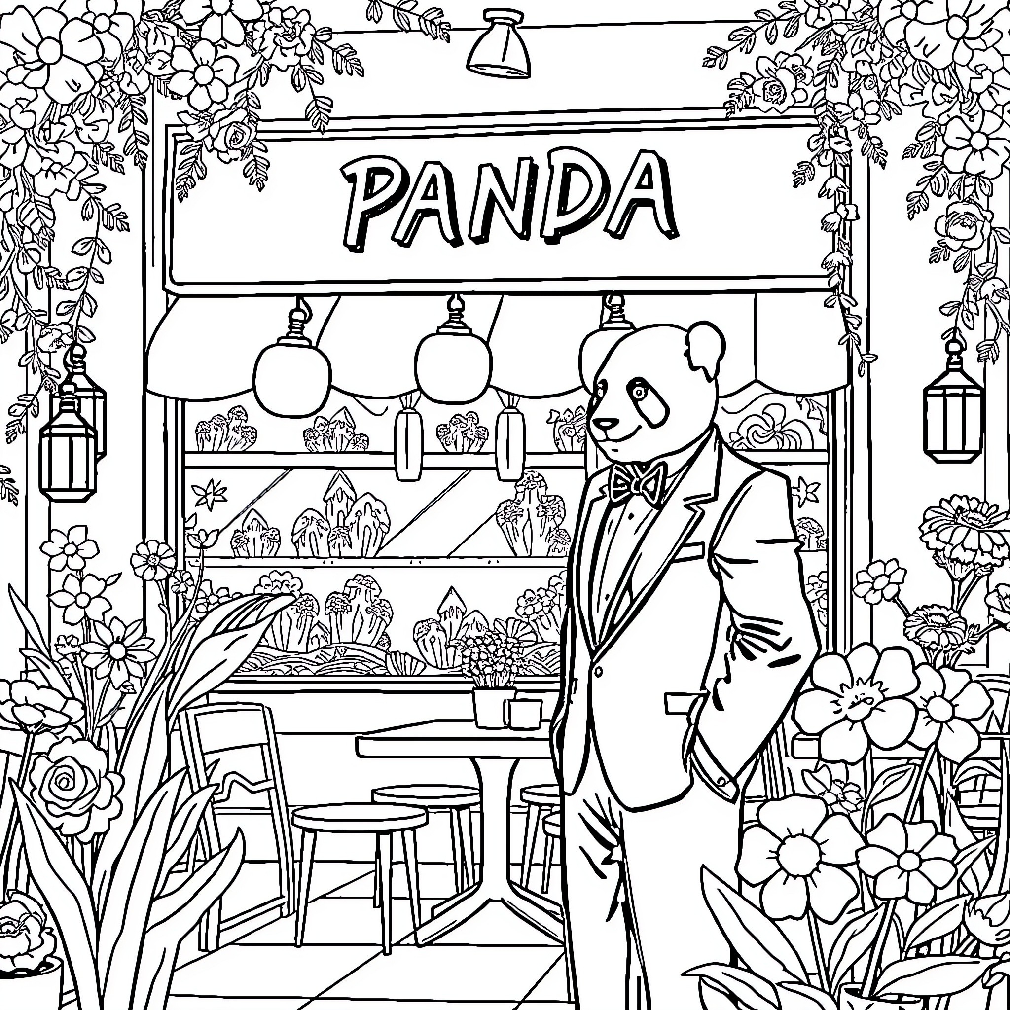 Panda operating a shop with floral decor Coloring Page (free black-and-white line drawing printable PDF for all, from beginners to advanced learners, including children, teens, adults, and seniors)