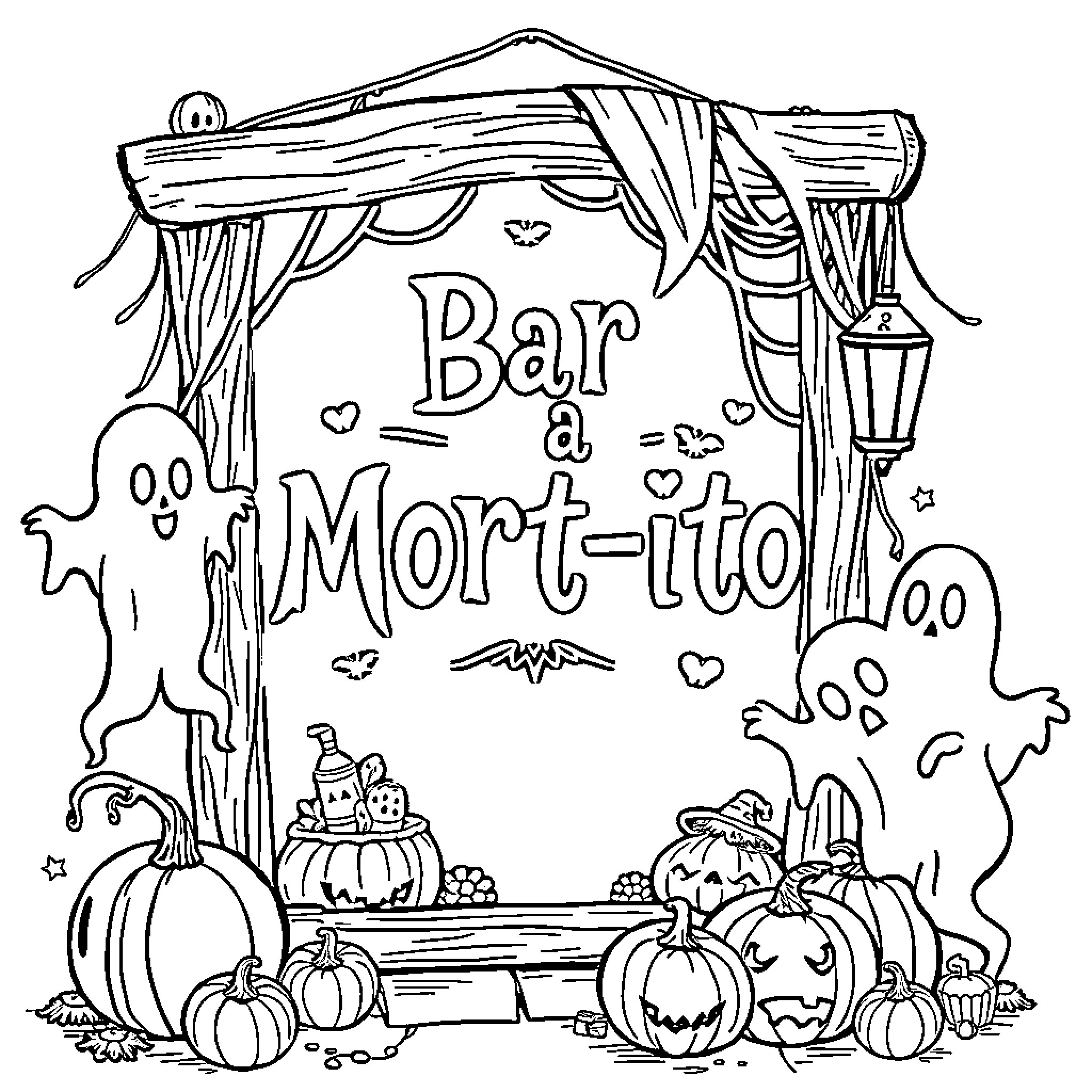 Sign for a Halloween Bar a Mort-ito Coloring Page (free black-and-white line drawing printable PDF for all, from beginners to advanced learners, including children, teens, adults, and seniors)