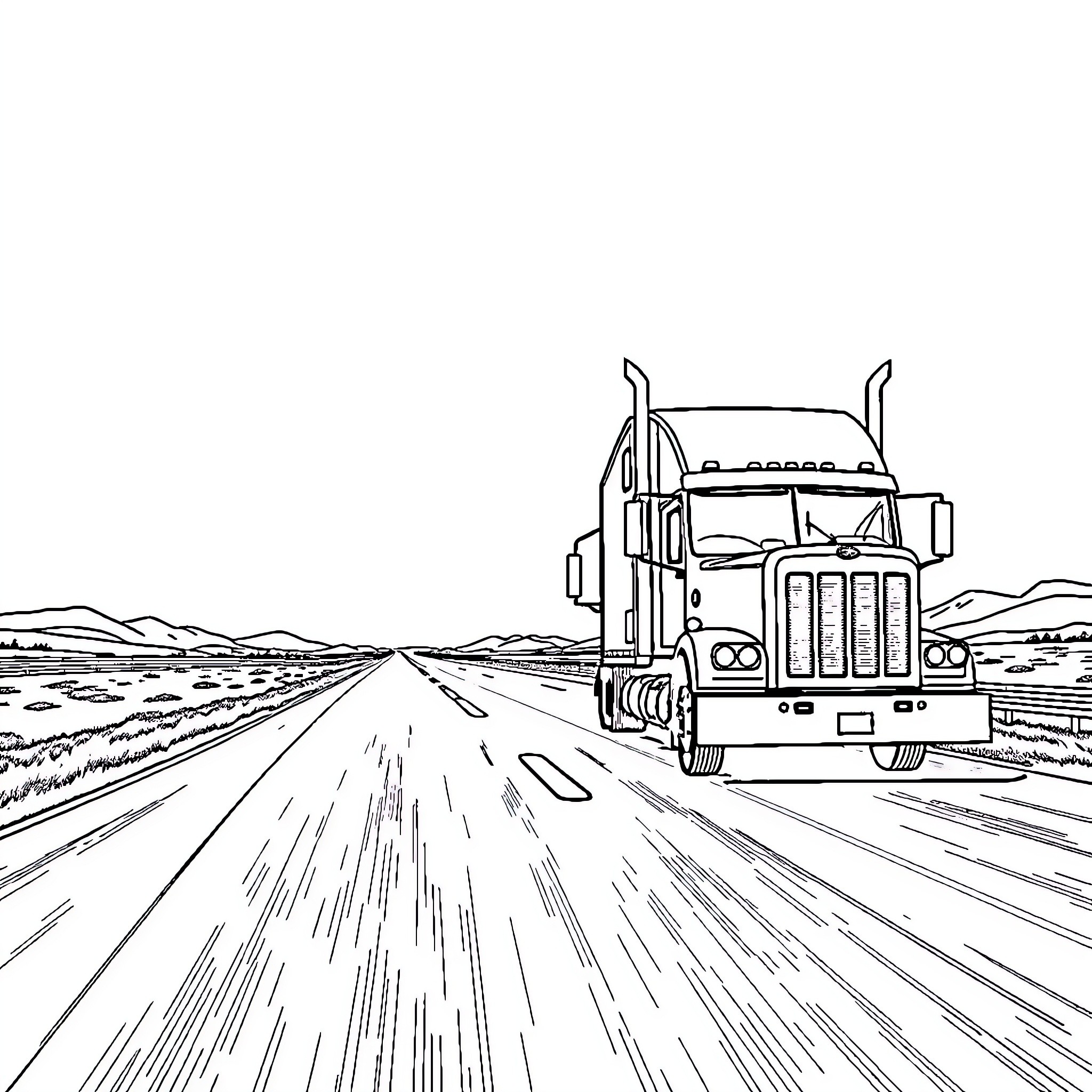 Truck speeding on open desert road Coloring Page (free black-and-white line drawing printable PDF for all, from beginners to advanced learners, including children, teens, adults, and seniors)