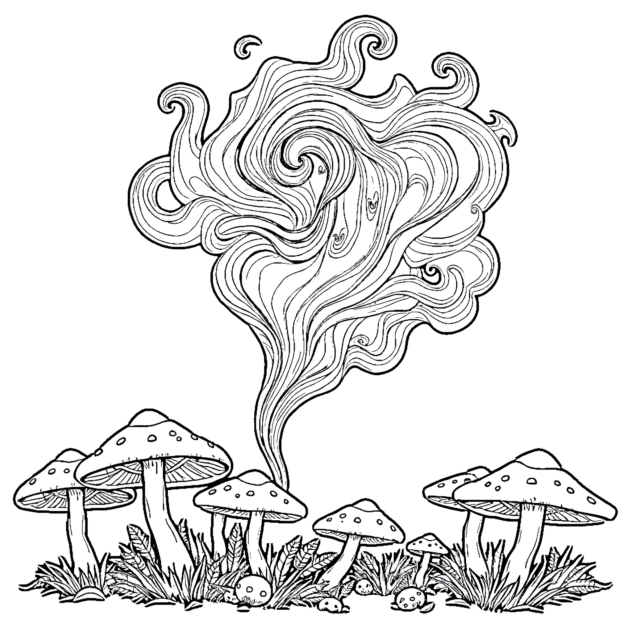 Mushroom Swirls and Fungal Formations Coloring Page (free black-and-white line drawing printable PDF for all, from beginners to advanced learners, including children, teens, adults, and seniors)