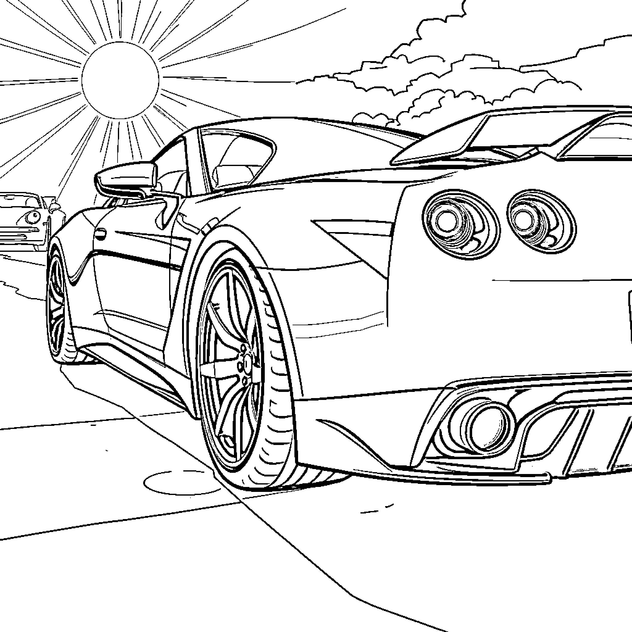 Sport Car speeding through the open road Coloring Page (free black-and-white line drawing printable PDF for all, from beginners to advanced learners, including children, teens, adults, and seniors)