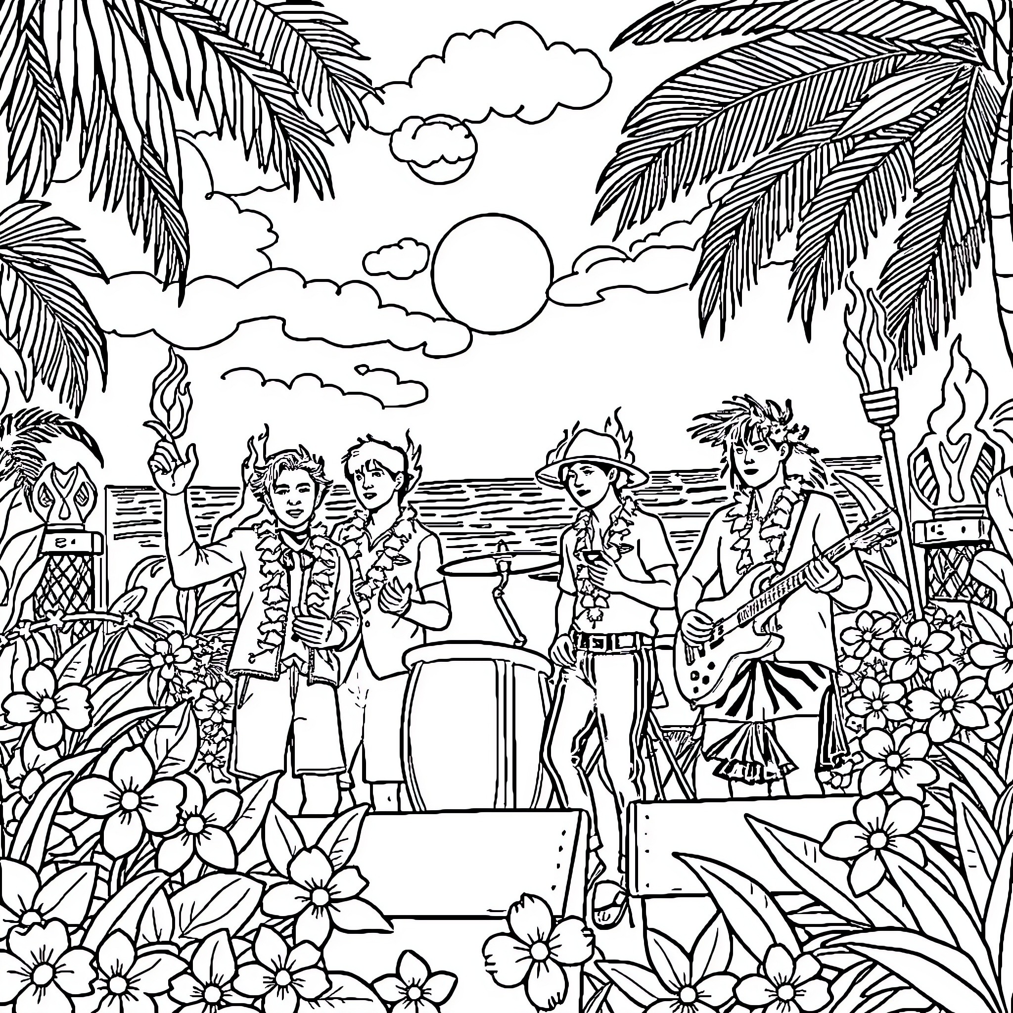 BTS members performing in a tropical paradise Coloring Page (free black-and-white line drawing printable PDF for all, from beginners to advanced learners, including children, teens, adults, and seniors)