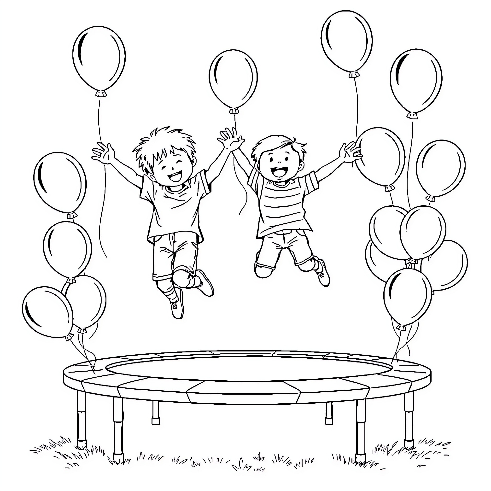 Boys jumping with balloons on a trampoline Coloring Page (free black-and-white line drawing printable PDF for all, from beginners to advanced learners, including children, teens, adults, and seniors)