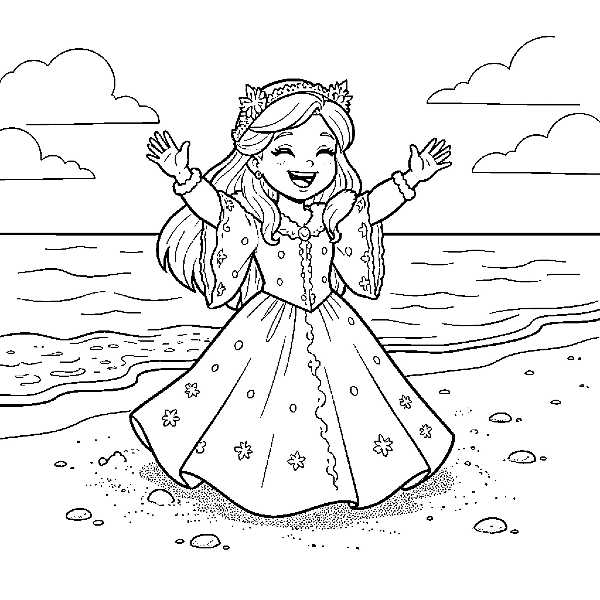 Snow Queen dancing joyfully on the beach Coloring Page (free black-and-white line drawing printable PDF for all, from beginners to advanced learners, including children, teens, adults, and seniors)