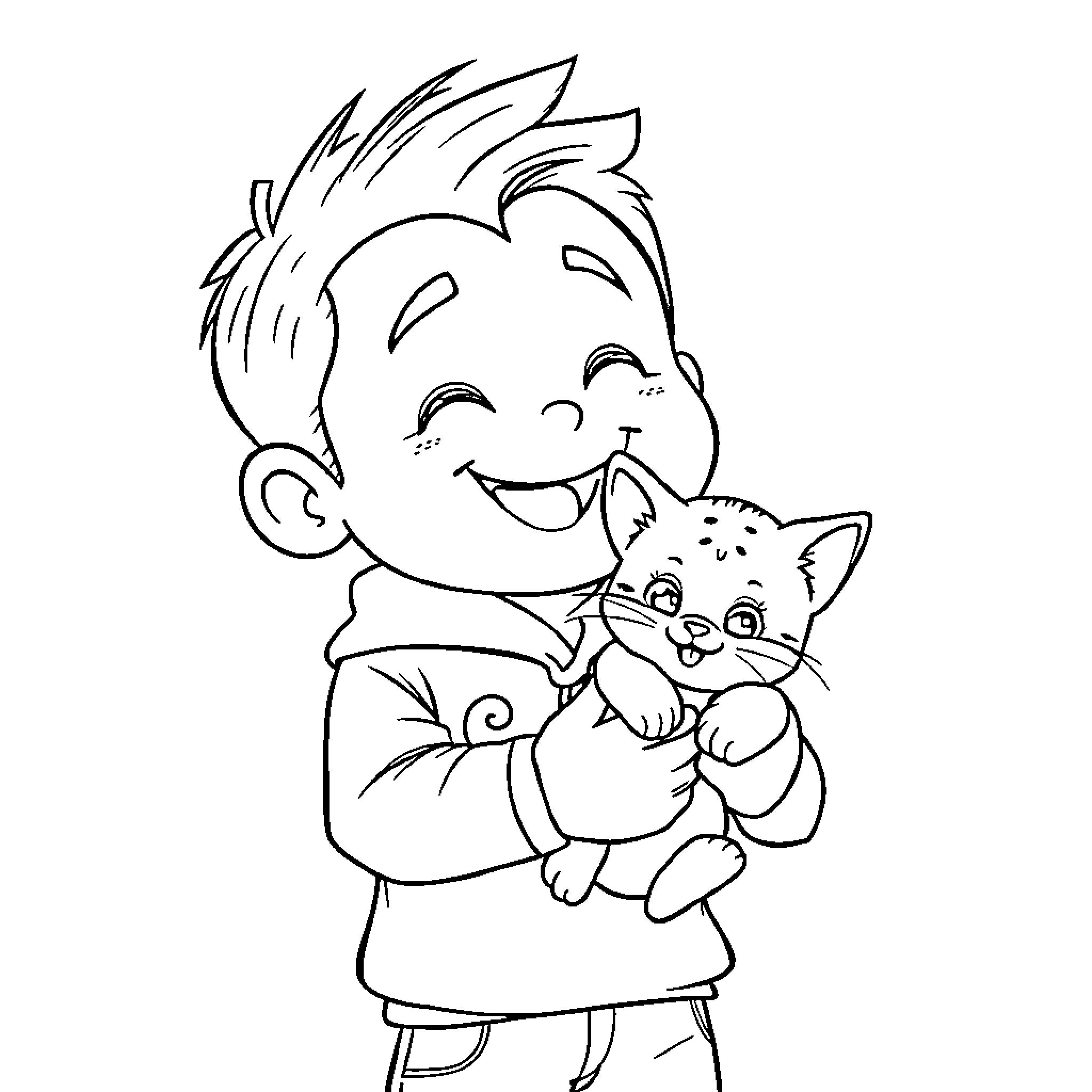 Gojo happily embracing a cute cat Coloring Page (free black-and-white line drawing printable PDF for all, from beginners to advanced learners, including children, teens, adults, and seniors)