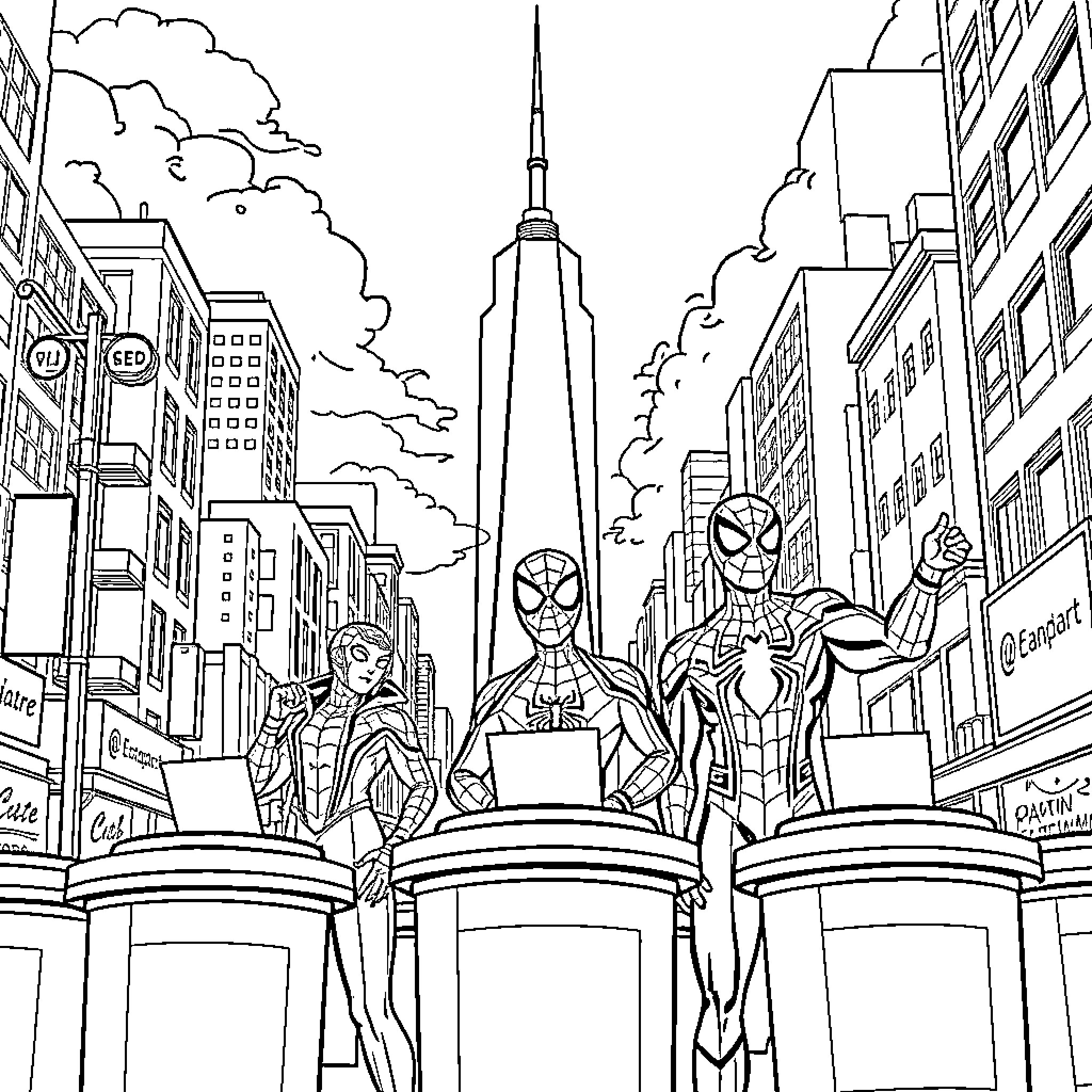 Spiderman heroes saving the city Coloring Page (free black-and-white line drawing printable PDF for all, from beginners to advanced learners, including children, teens, adults, and seniors)