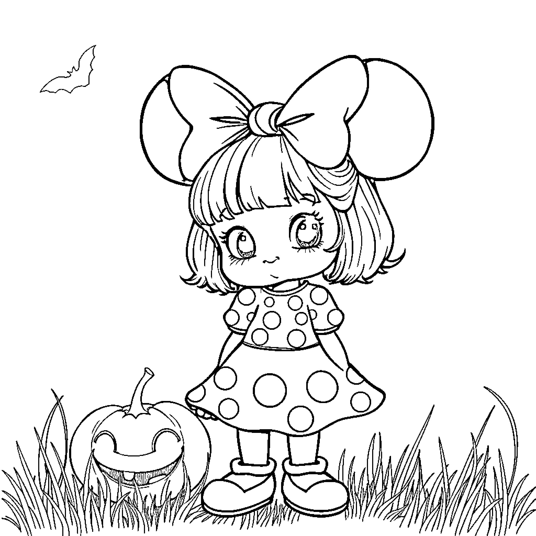 Girl in polka dot dress admiring pumpkin in autumn scene Coloring Page (free black-and-white line drawing printable PDF for all, from beginners to advanced learners, including children, teens, adults, and seniors)