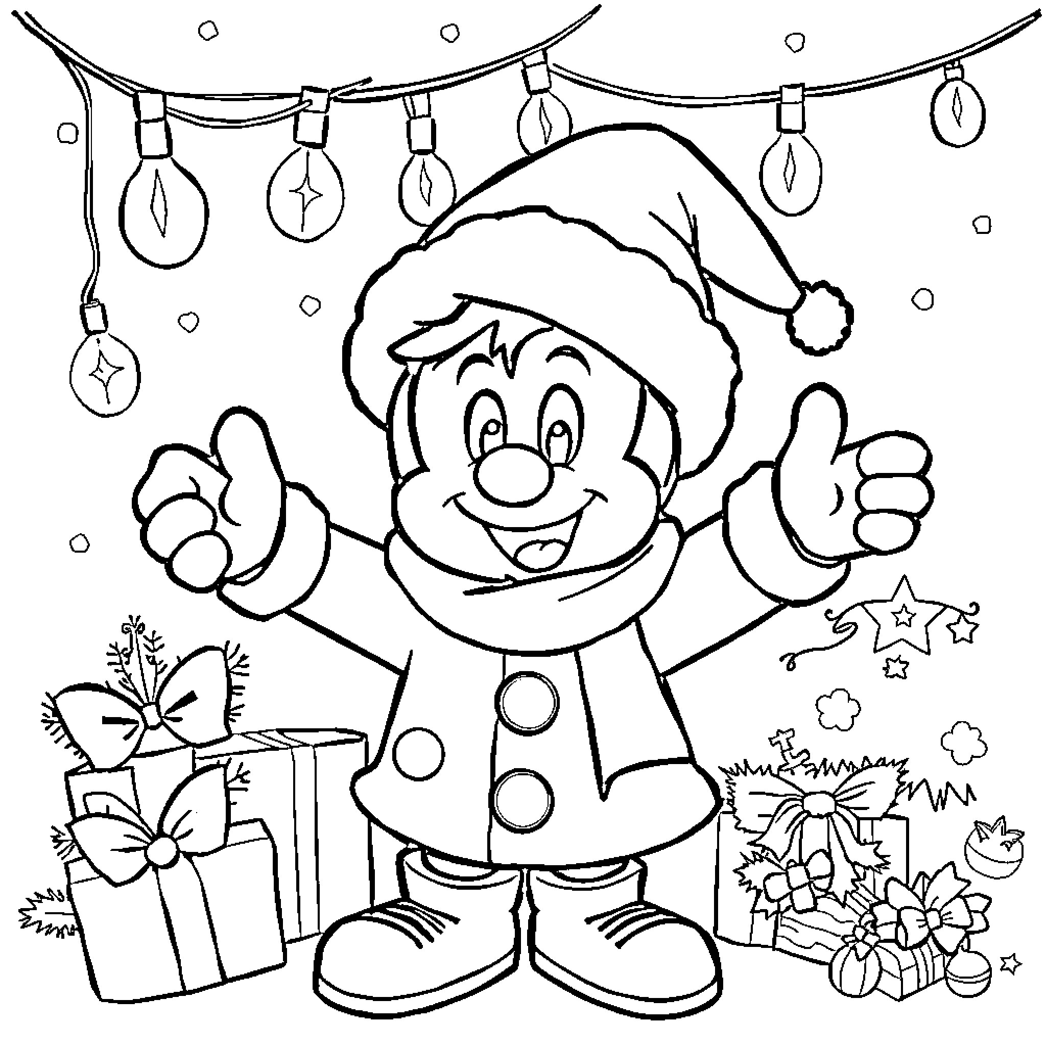Mikey's Joyful Holiday Scene Coloring Page (free black-and-white line drawing printable PDF for all, from beginners to advanced learners, including children, teens, adults, and seniors)