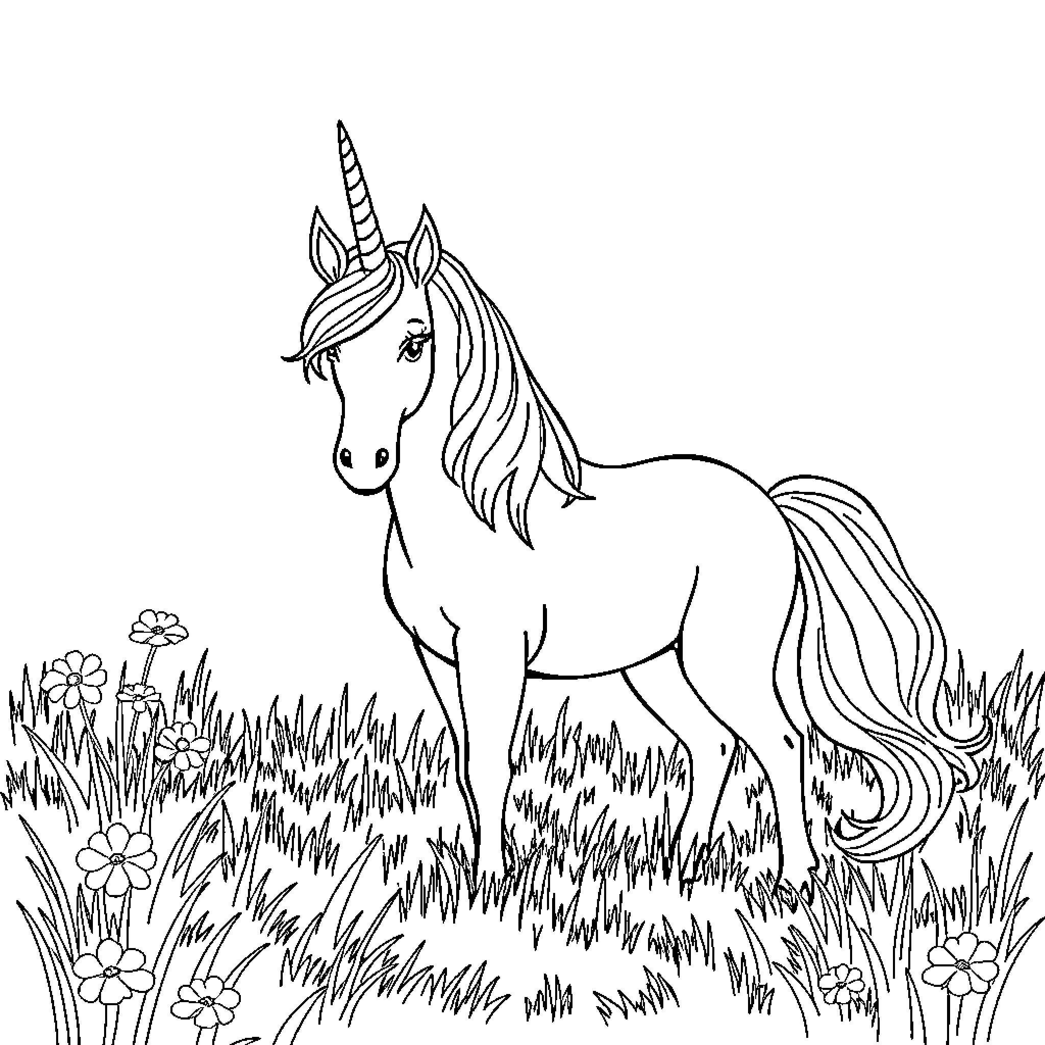 Unicorn standing amidst flowers in a meadow Coloring Page (free black-and-white line drawing printable PDF for all, from beginners to advanced learners, including children, teens, adults, and seniors)