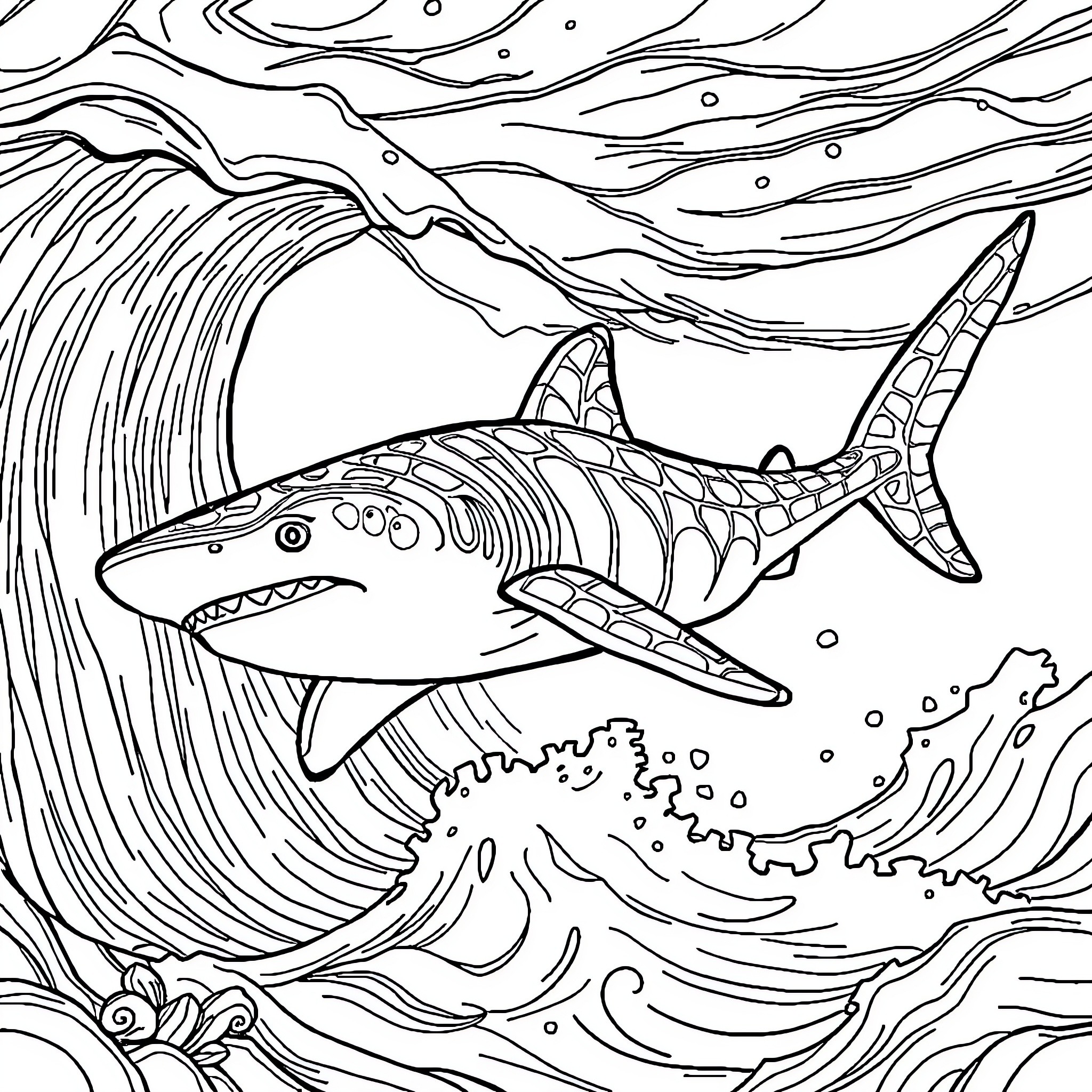 Whaleshark swimming through ocean waves Coloring Page (free black-and-white line drawing printable PDF for all, from beginners to advanced learners, including children, teens, adults, and seniors)