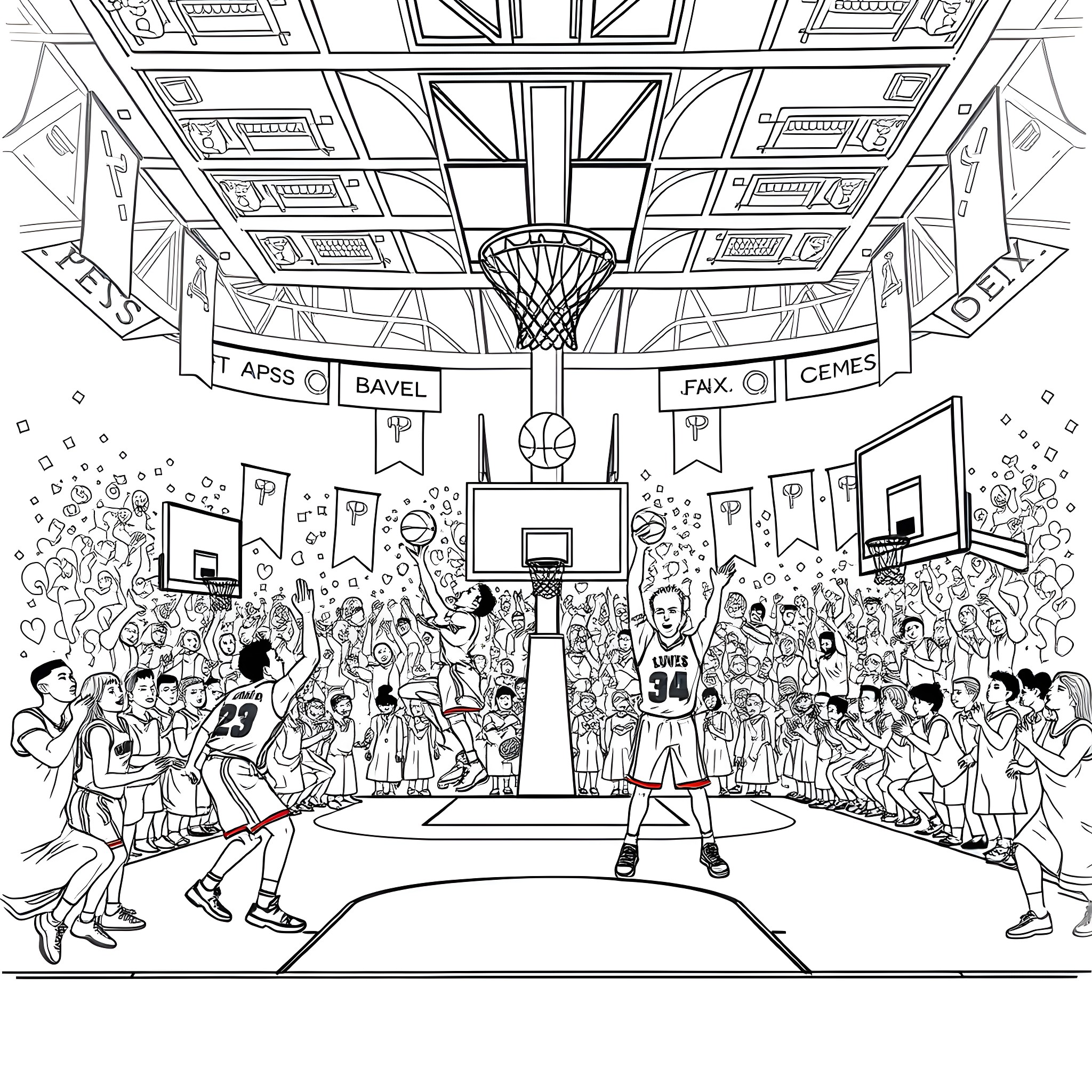 Basketball game with excited crowd and players Coloring Page (free black-and-white line drawing printable PDF for all, from beginners to advanced learners, including children, teens, adults, and seniors)