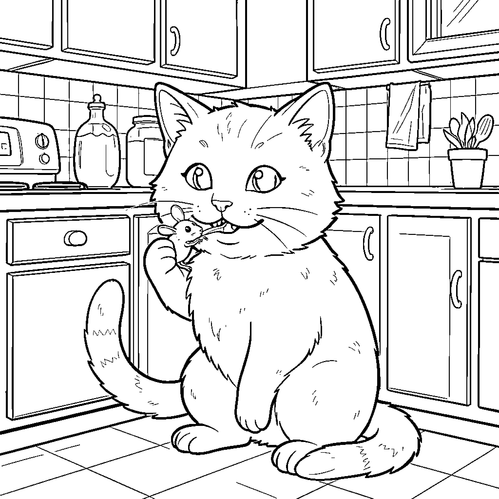 Cat in the kitchen Coloring Page (free black-and-white line drawing printable PDF for all, from beginners to advanced learners, including children, teens, adults, and seniors)