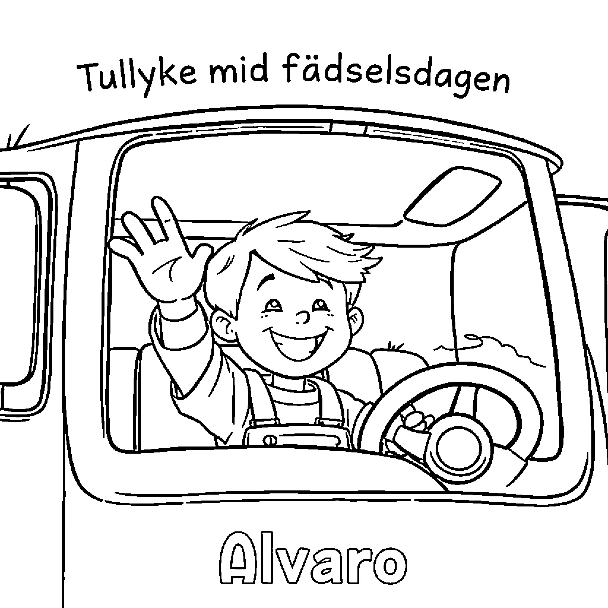 Boy waving happily from car window Coloring Page (free black-and-white line drawing printable PDF for all, from beginners to advanced learners, including children, teens, adults, and seniors)
