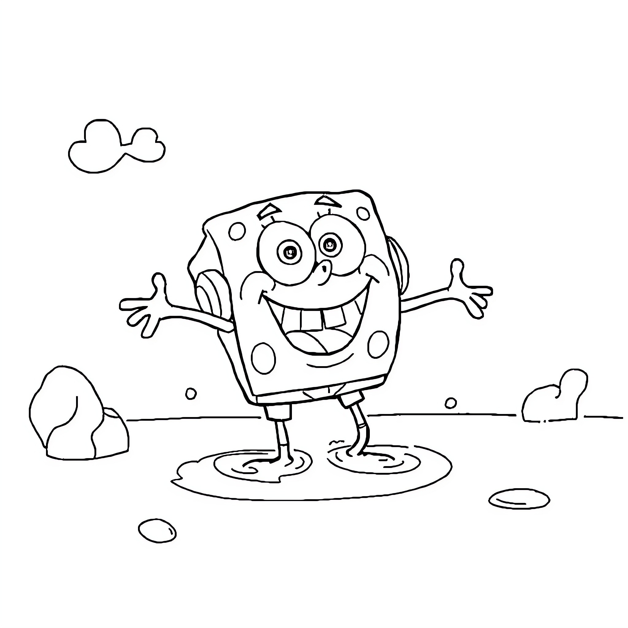 Spongebob enjoying nature with a big smile Coloring Page (free black-and-white line drawing printable PDF for all, from beginners to advanced learners, including children, teens, adults, and seniors)