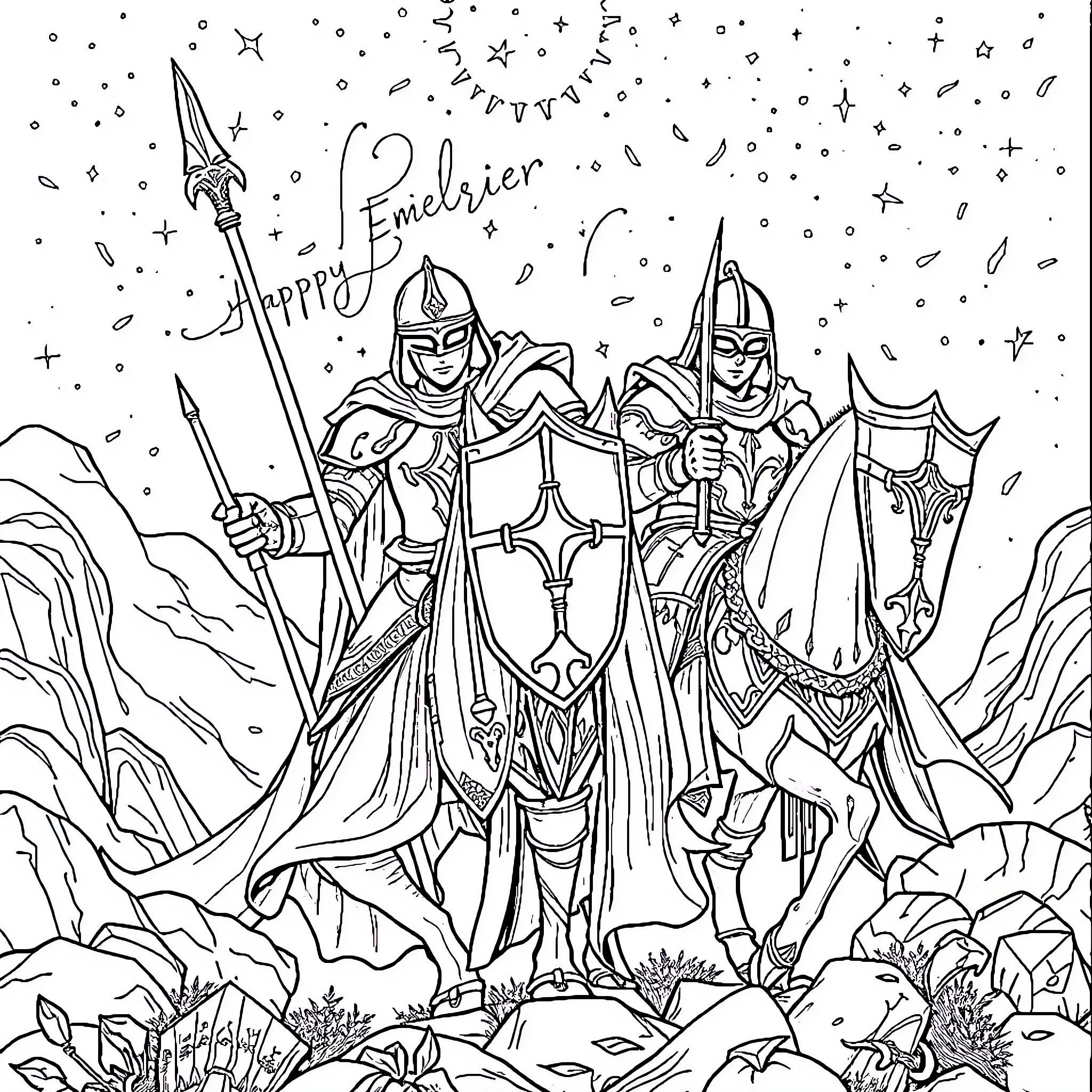 Knight Triumphant in Enchanting Realm Coloring Page (free black-and-white line drawing printable PDF for all, from beginners to advanced learners, including children, teens, adults, and seniors)