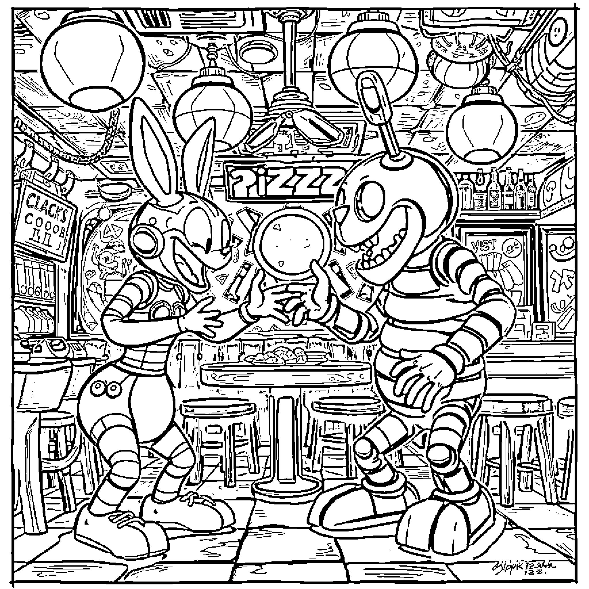 FNAF Animatronics Enjoying a Lively Pizza Party Coloring Page (free black-and-white line drawing printable PDF for all, from beginners to advanced learners, including children, teens, adults, and seniors)