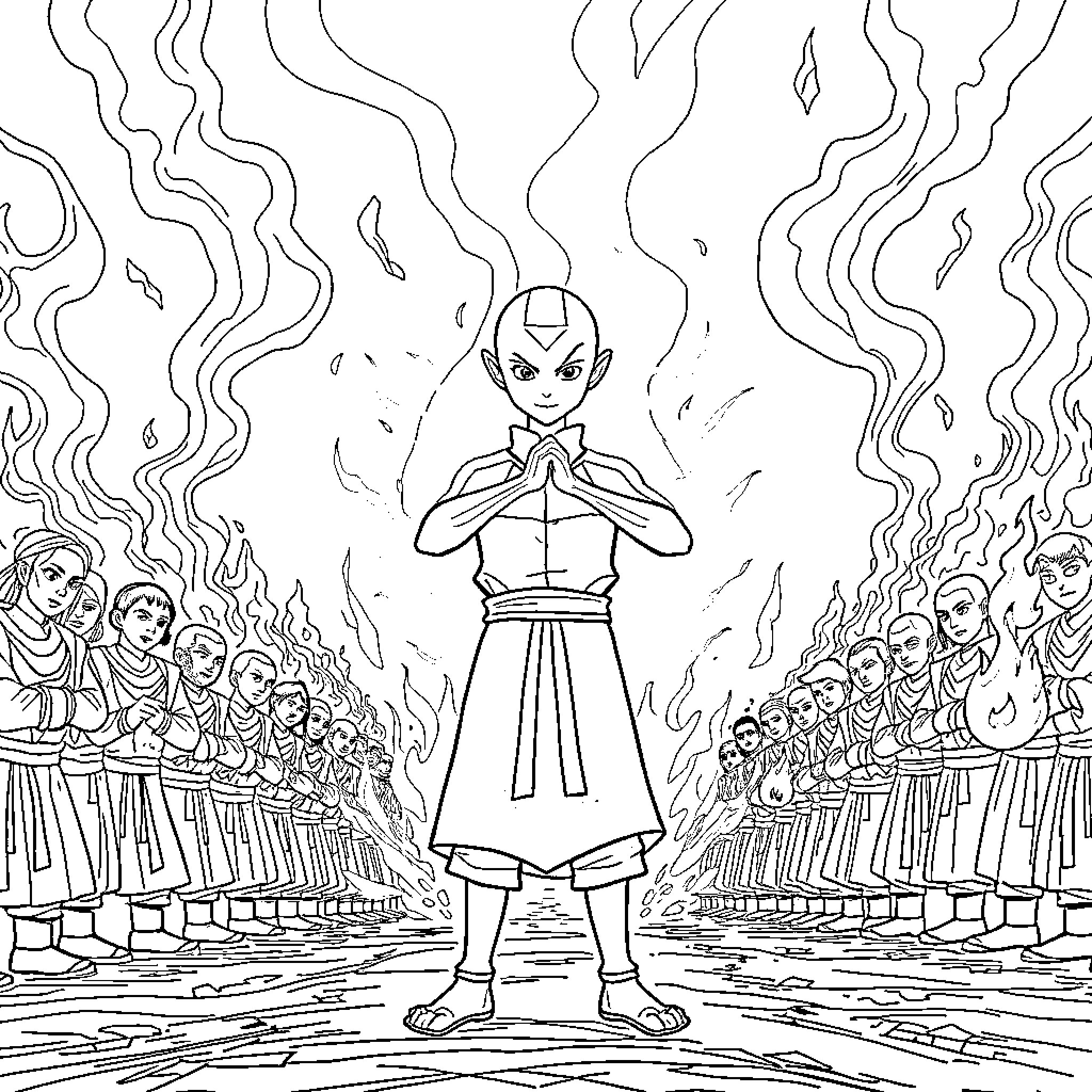 Avatar battles with spirit in a dramatic scene Coloring Page (free black-and-white line drawing printable PDF for all, from beginners to advanced learners, including children, teens, adults, and seniors)