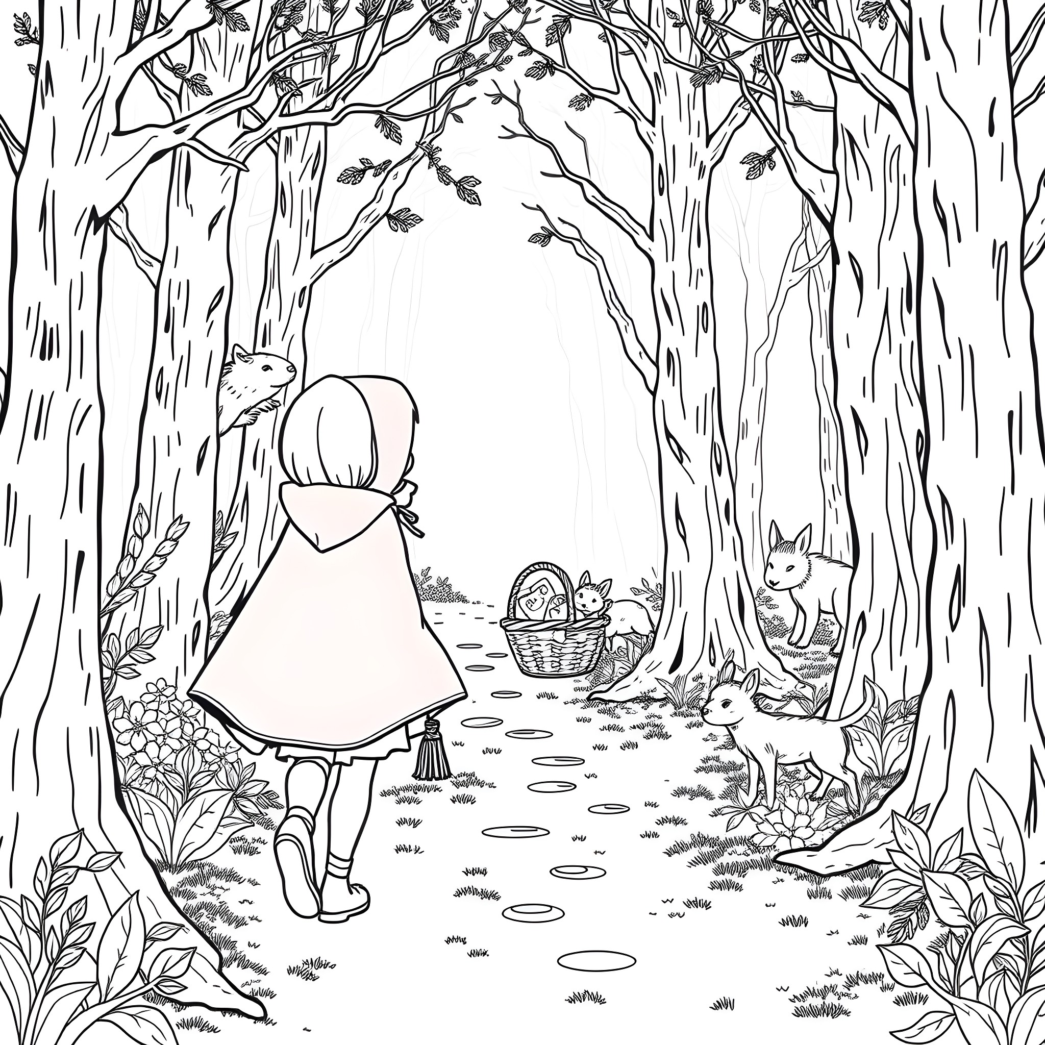 Little Red Riding Hood Explores the Enchanted Forest Coloring Page (free black-and-white line drawing printable PDF for all, from beginners to advanced learners, including children, teens, adults, and seniors)