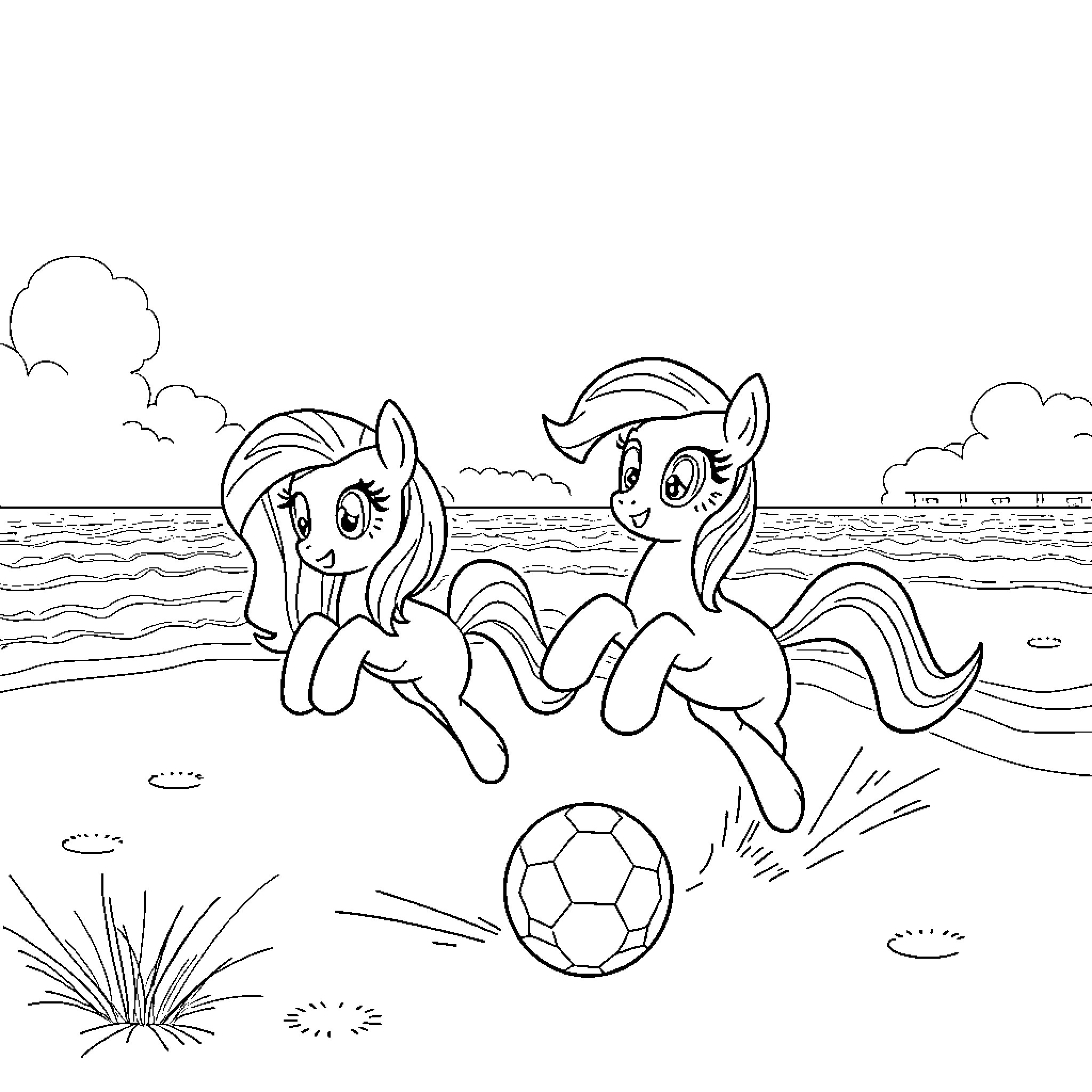 Pony friends playing soccer on the beach Coloring Page (free black-and-white line drawing printable PDF for all, from beginners to advanced learners, including children, teens, adults, and seniors)