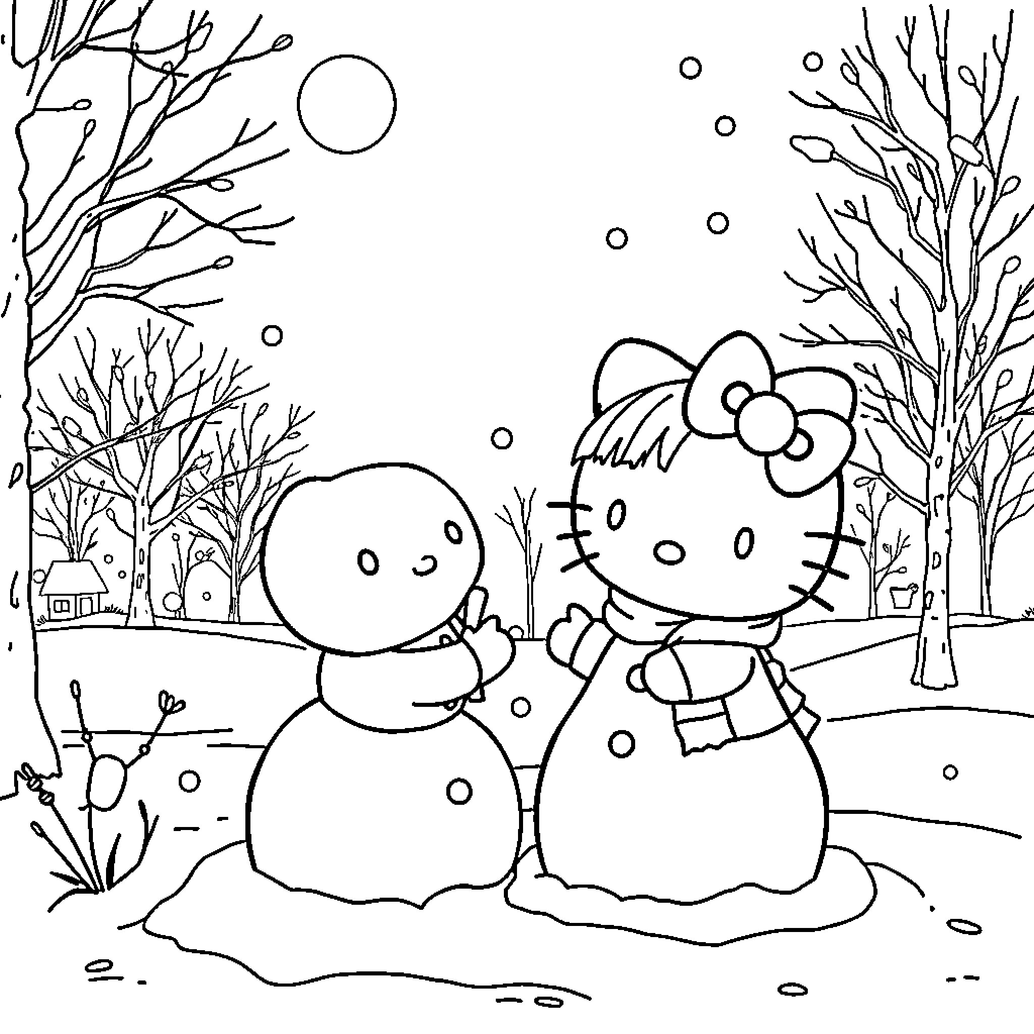 Kuromi building a snowman with a friend in winter landscape Coloring Page (free black-and-white line drawing printable PDF for all, from beginners to advanced learners, including children, teens, adults, and seniors)