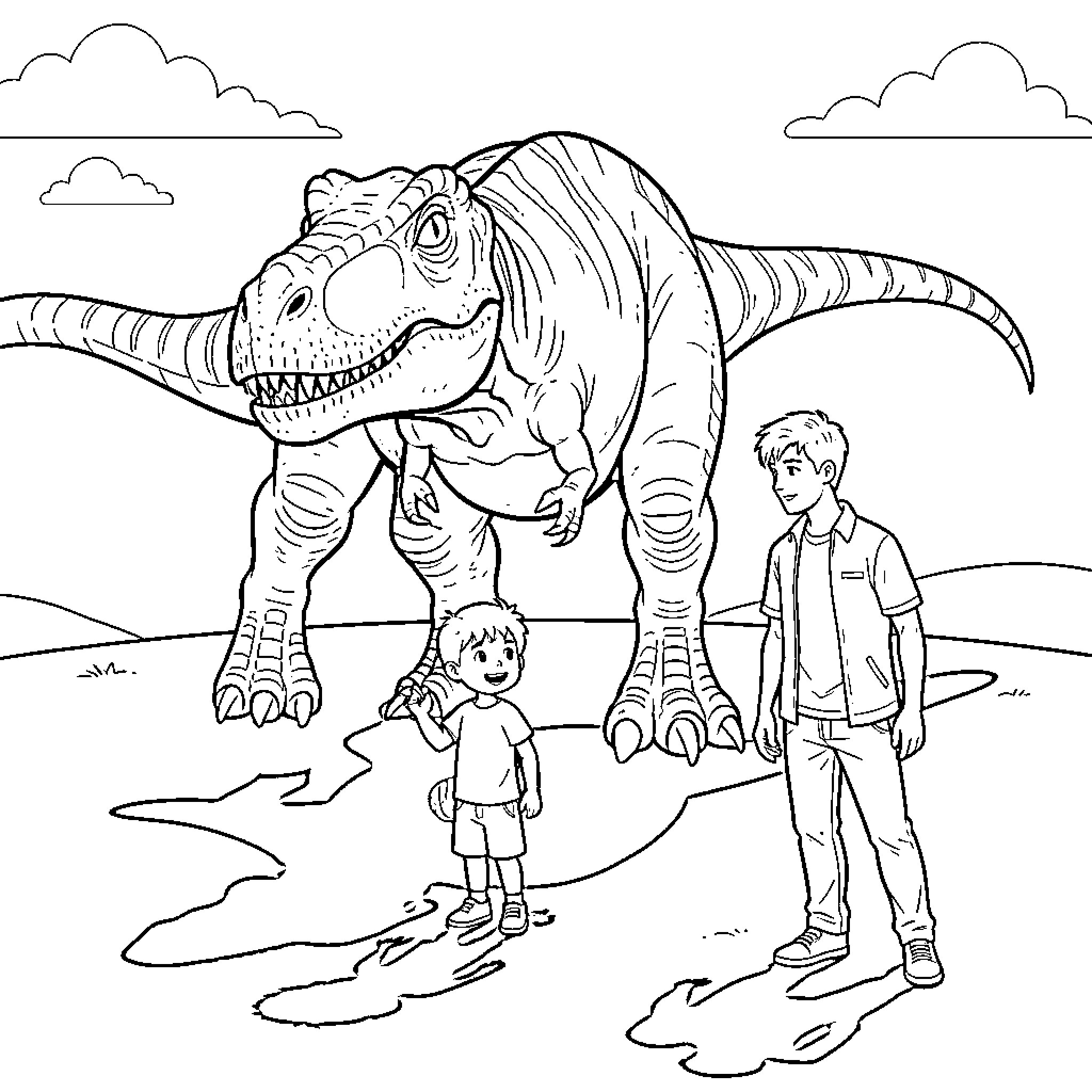 Dinosaur looming over two curious young boys Coloring Page (free black-and-white line drawing printable PDF for all, from beginners to advanced learners, including children, teens, adults, and seniors)