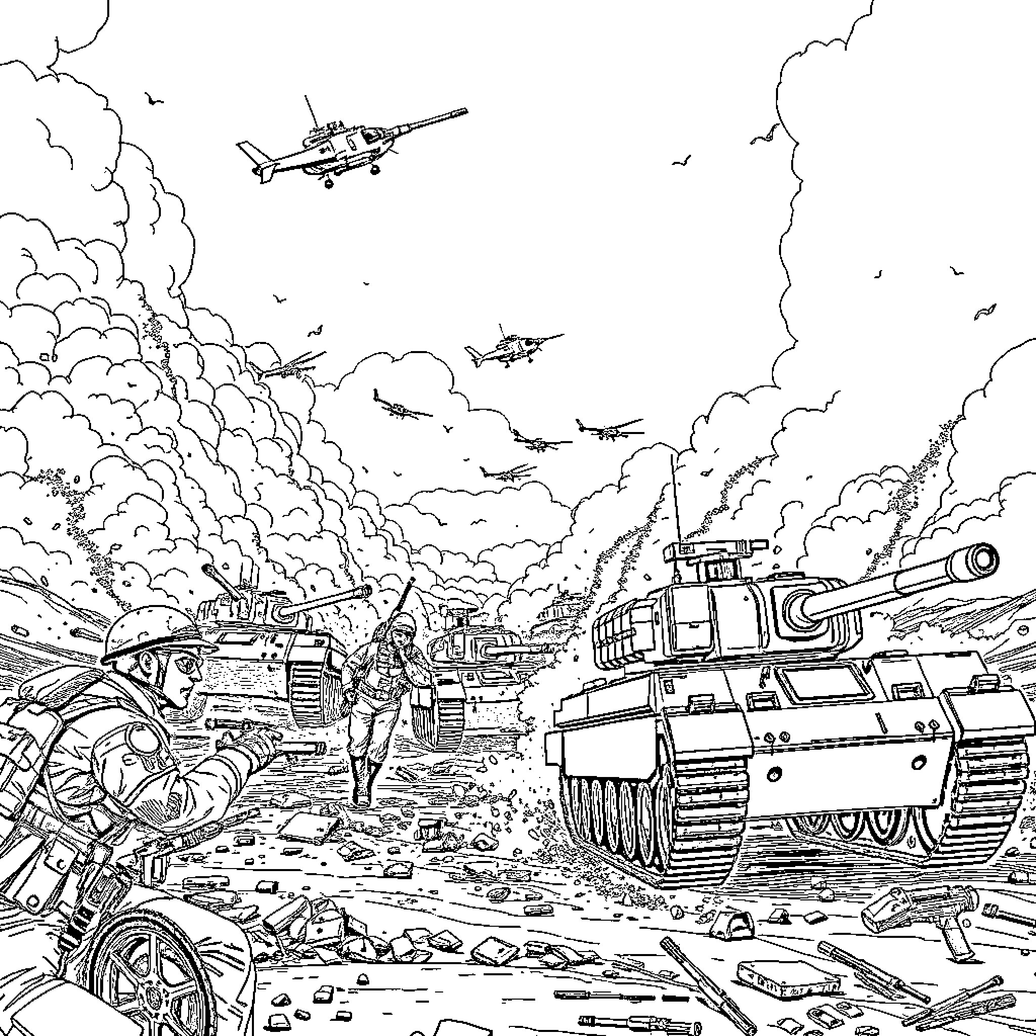 Battlefield with Armored Vehicles and Aircraft Coloring Page (free black-and-white line drawing printable PDF for all, from beginners to advanced learners, including children, teens, adults, and seniors)