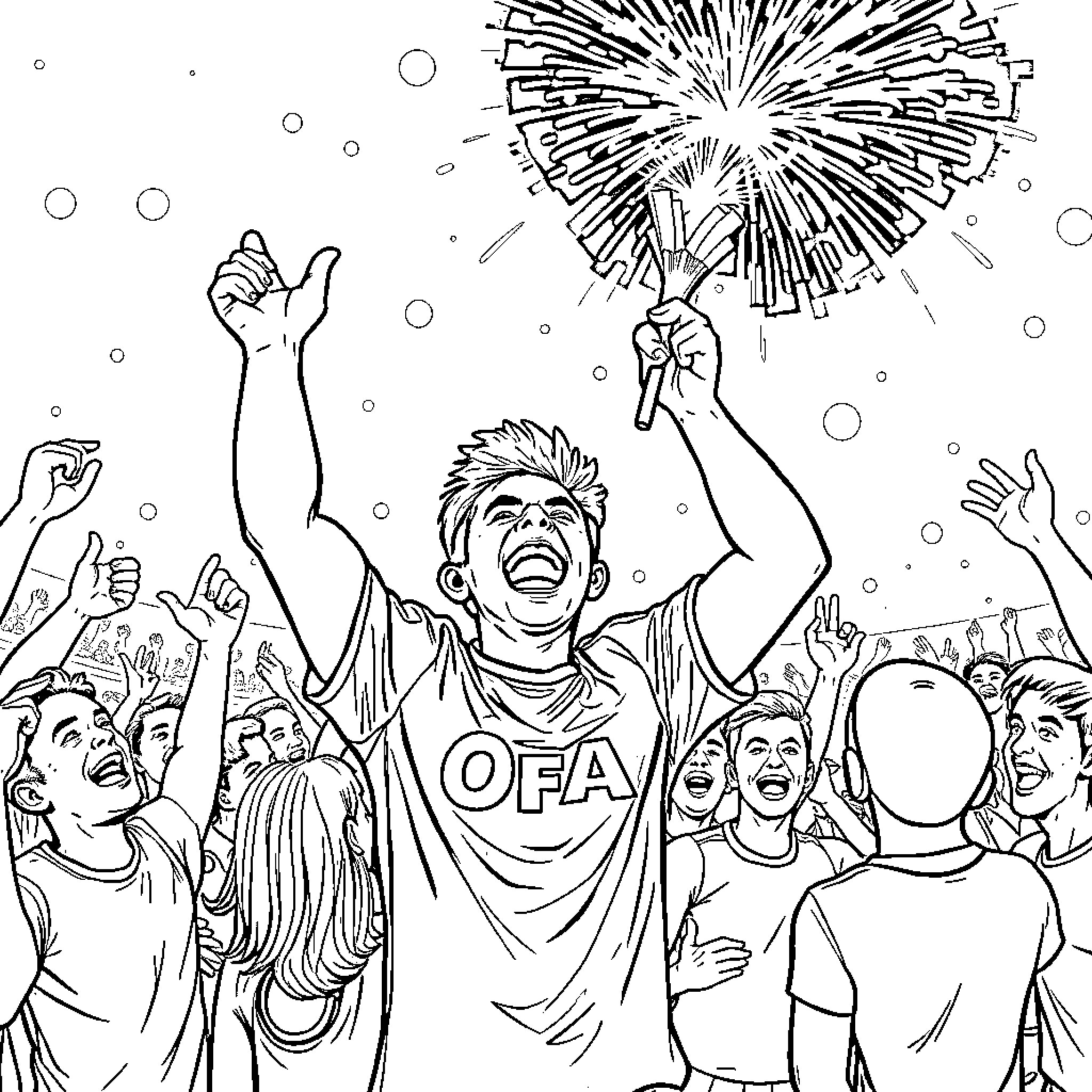 Fan Celebration at Sporting Event with Fireworks Coloring Page (free black-and-white line drawing printable PDF for all, from beginners to advanced learners, including children, teens, adults, and seniors)