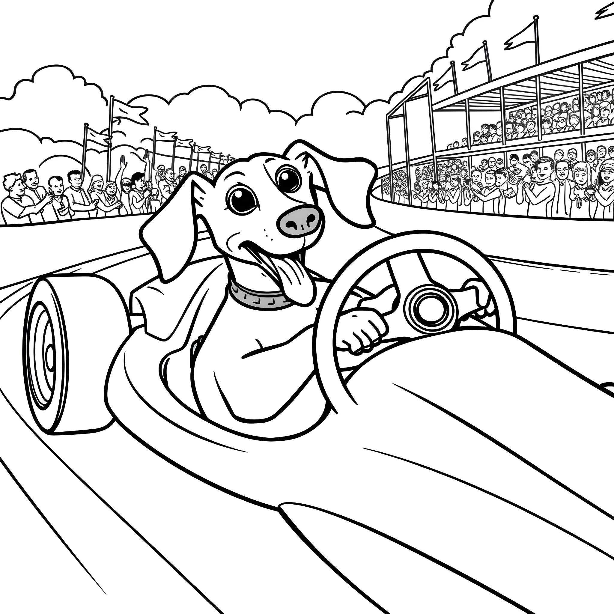 Wiener Dog Racing in Stadium Coloring Page (free black-and-white line drawing printable PDF for all, from beginners to advanced learners, including children, teens, adults, and seniors)