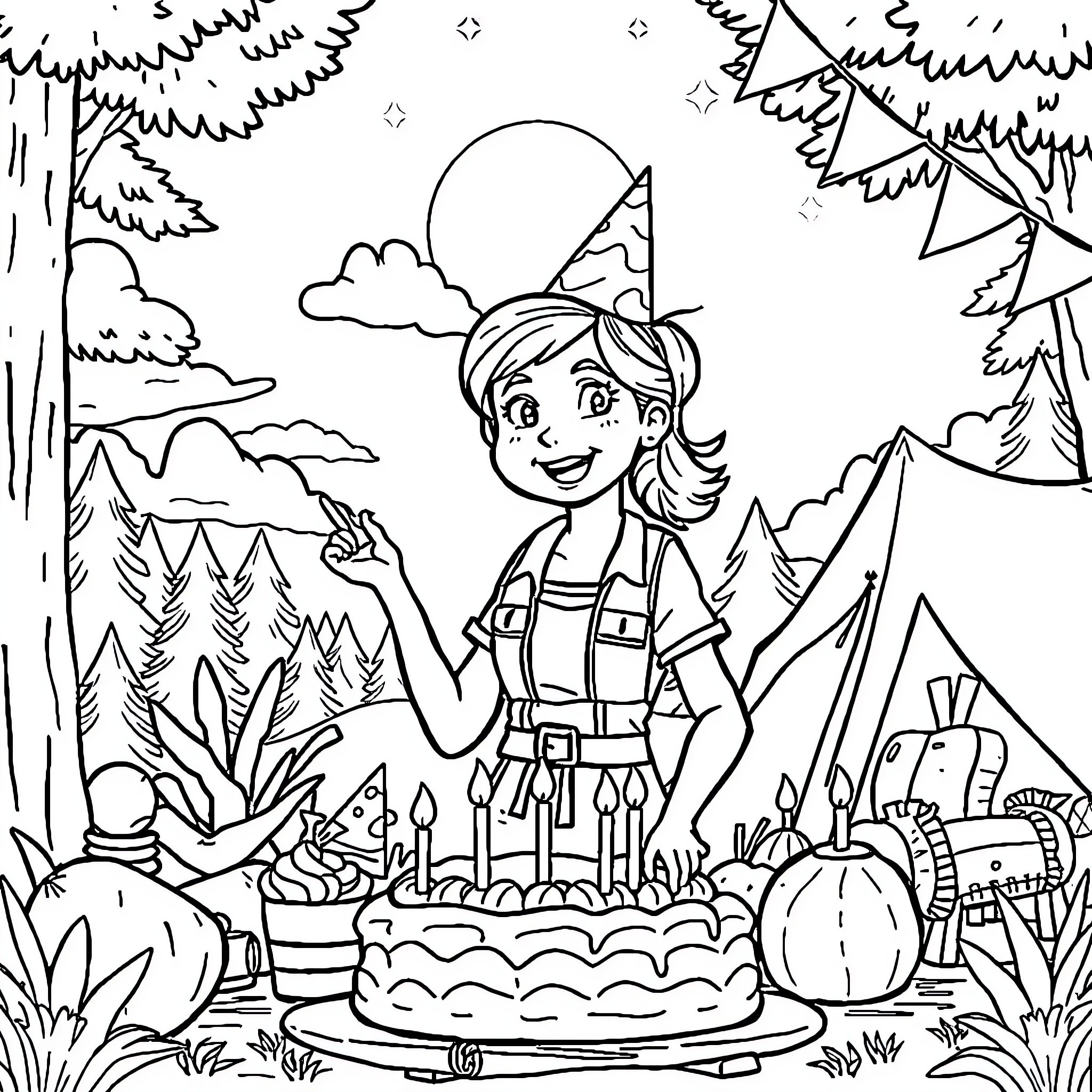 Camp Counselor Celebrating Birthday in the Wilderness Coloring Page (free black-and-white line drawing printable PDF for all, from beginners to advanced learners, including children, teens, adults, and seniors)
