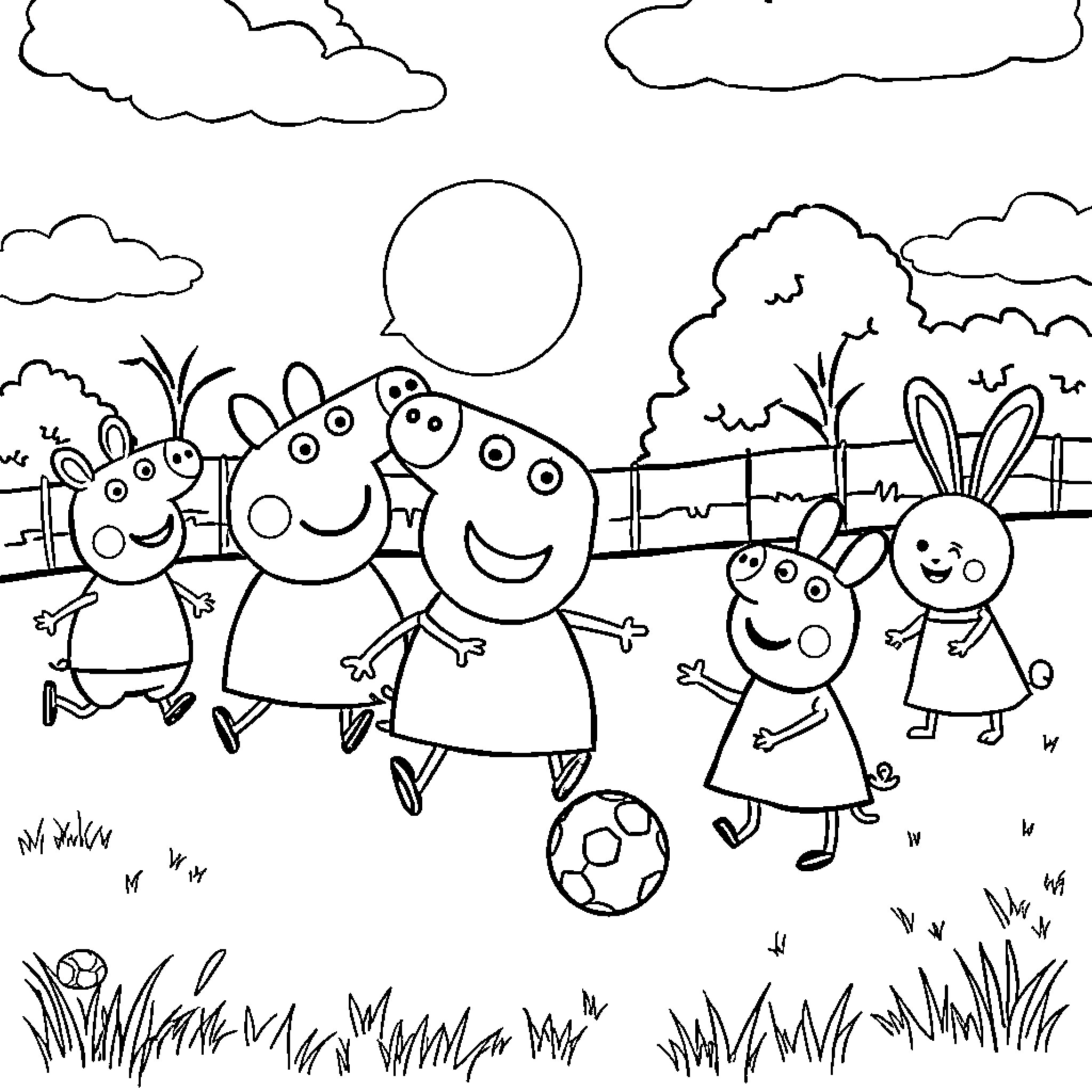 Peppa Pig family playing happily outdoors Coloring Page (free black-and-white line drawing printable PDF for all, from beginners to advanced learners, including children, teens, adults, and seniors)