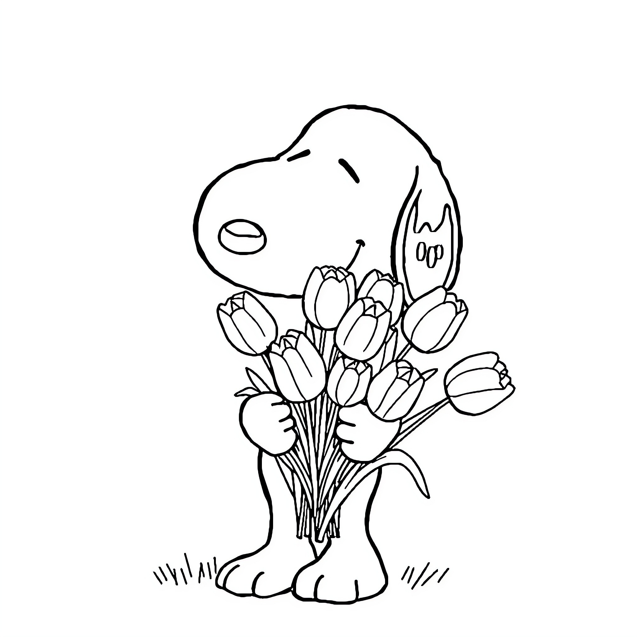 Snoopy holding a bouquet of tulips Coloring Page (free black-and-white line drawing printable PDF for all, from beginners to advanced learners, including children, teens, adults, and seniors)