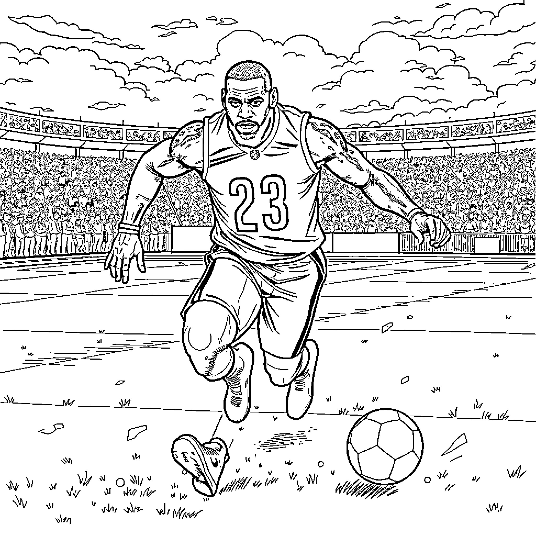 LeBron Dunking Basketball on the Field Coloring Page (free black-and-white line drawing printable PDF for all, from beginners to advanced learners, including children, teens, adults, and seniors)