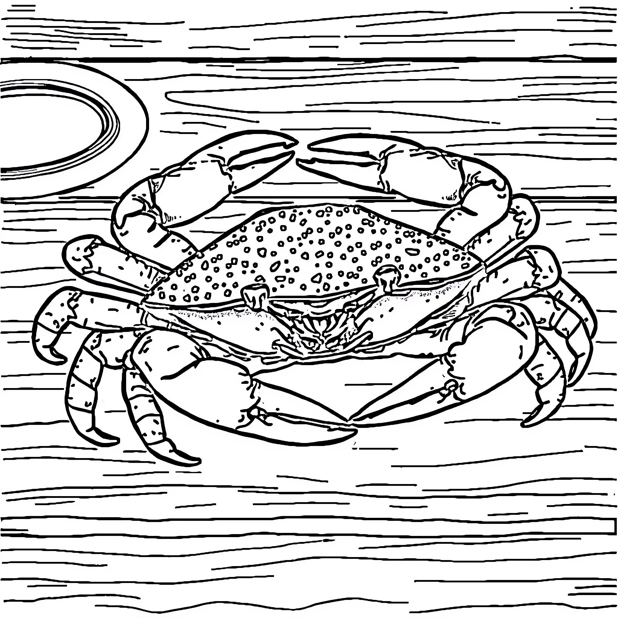 Crab scurrying along the shore Coloring Page (free black-and-white line drawing printable PDF for all, from beginners to advanced learners, including children, teens, adults, and seniors)