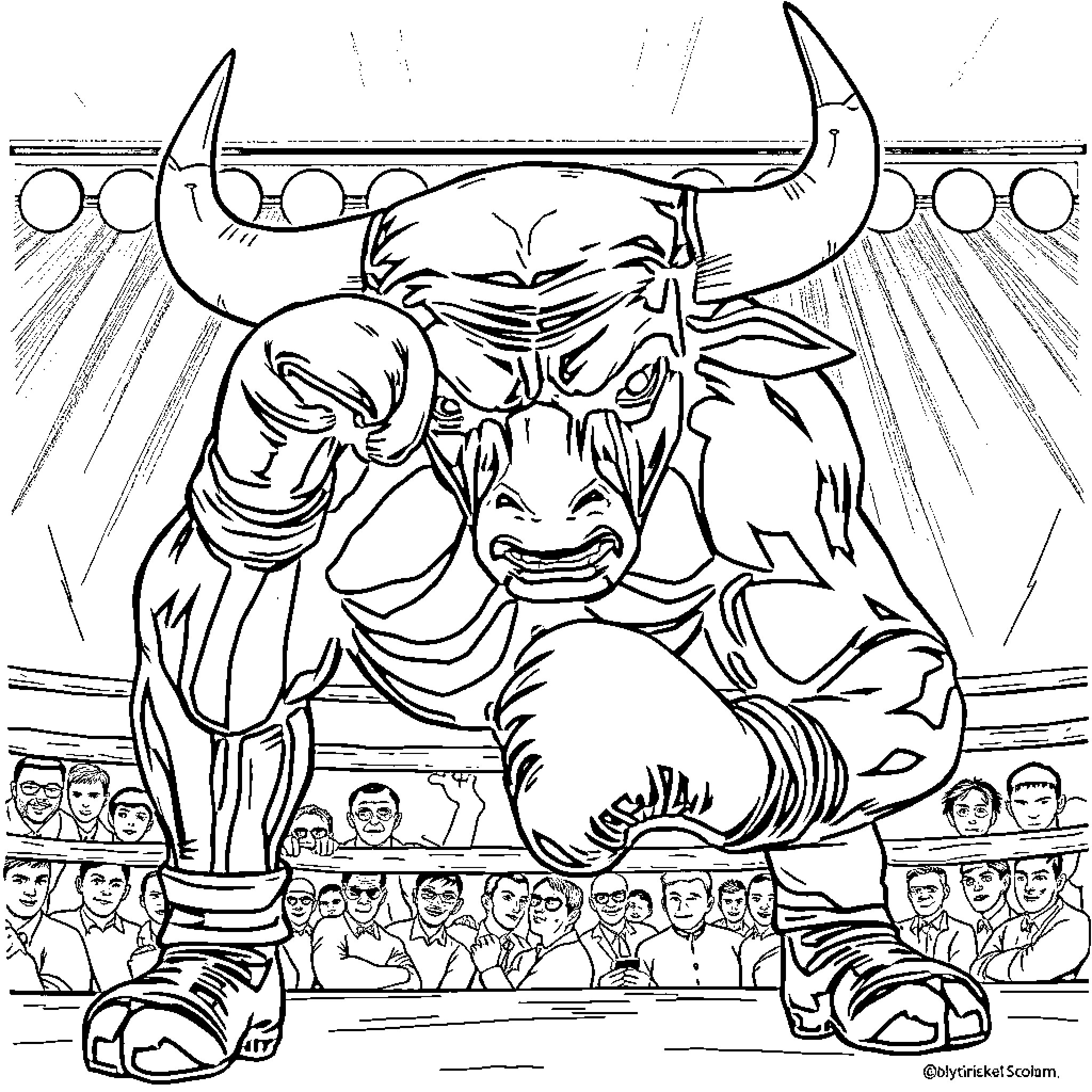 Bull Wrestler Performing Intense Moves in Arena Coloring Page (free black-and-white line drawing printable PDF for all, from beginners to advanced learners, including children, teens, adults, and seniors)