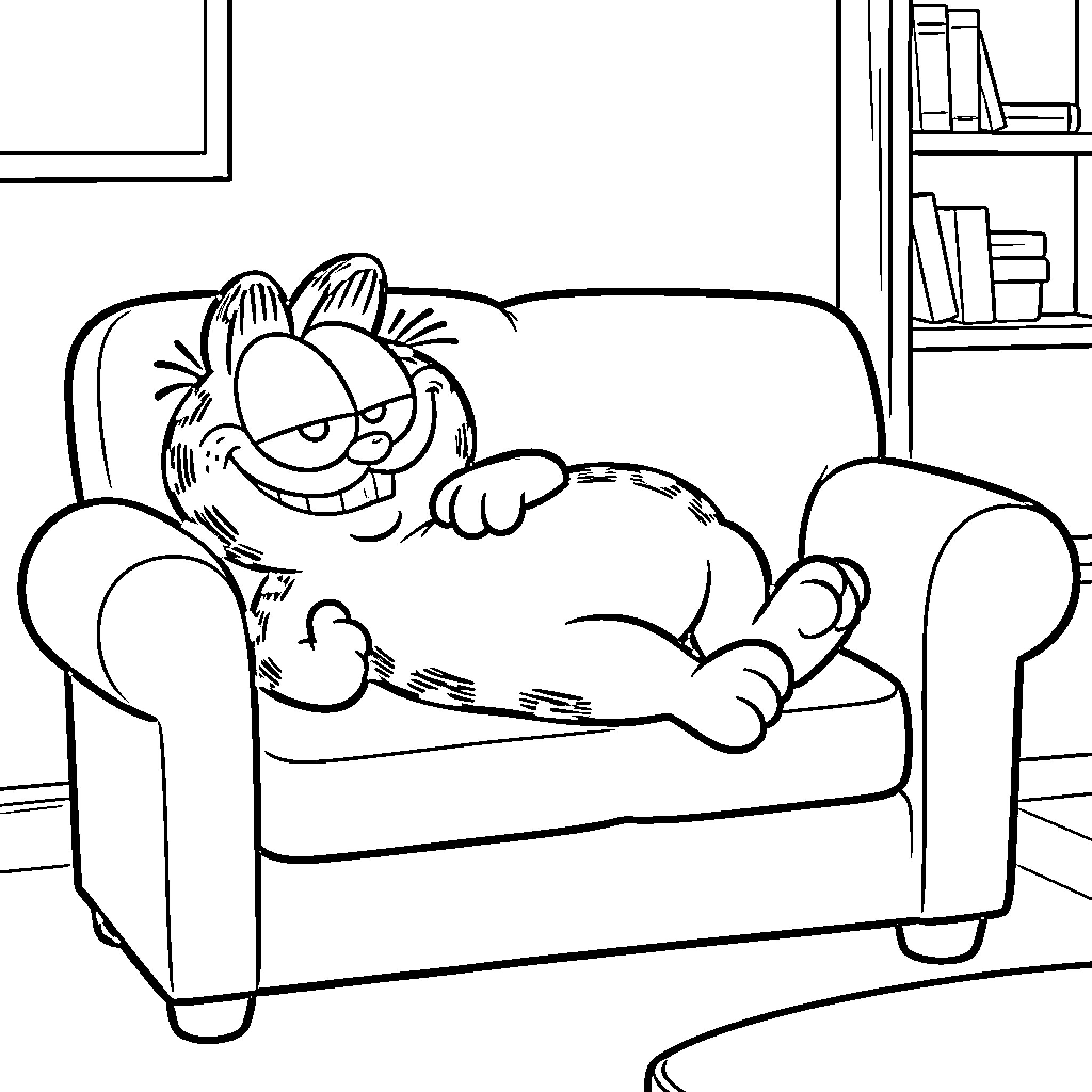 Garfield lounging comfortably on a couch Coloring Page (free black-and-white line drawing printable PDF for all, from beginners to advanced learners, including children, teens, adults, and seniors)