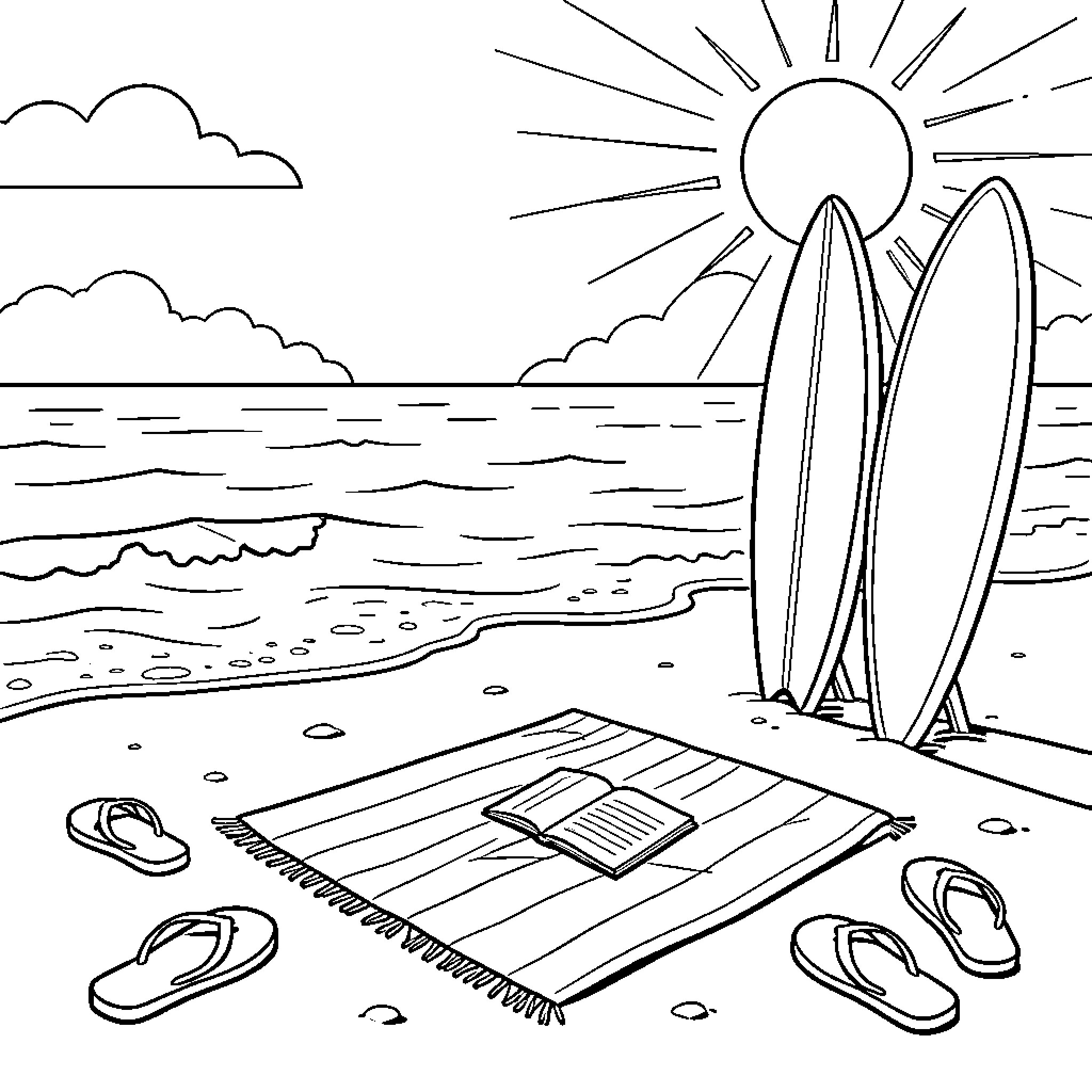 Vacances relaxing on a sunny beach with surfboards Coloring Page (free black-and-white line drawing printable PDF for all, from beginners to advanced learners, including children, teens, adults, and seniors)