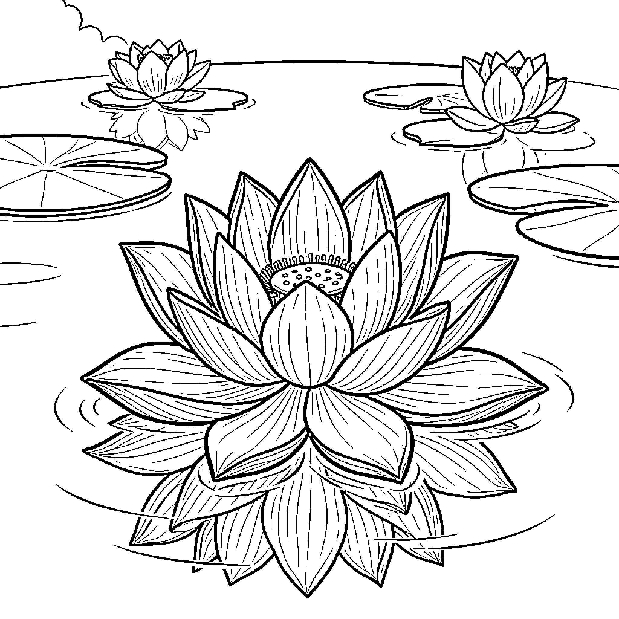 Lotus flowers blooming in tranquil pond Coloring Page (free black-and-white line drawing printable PDF for all, from beginners to advanced learners, including children, teens, adults, and seniors)