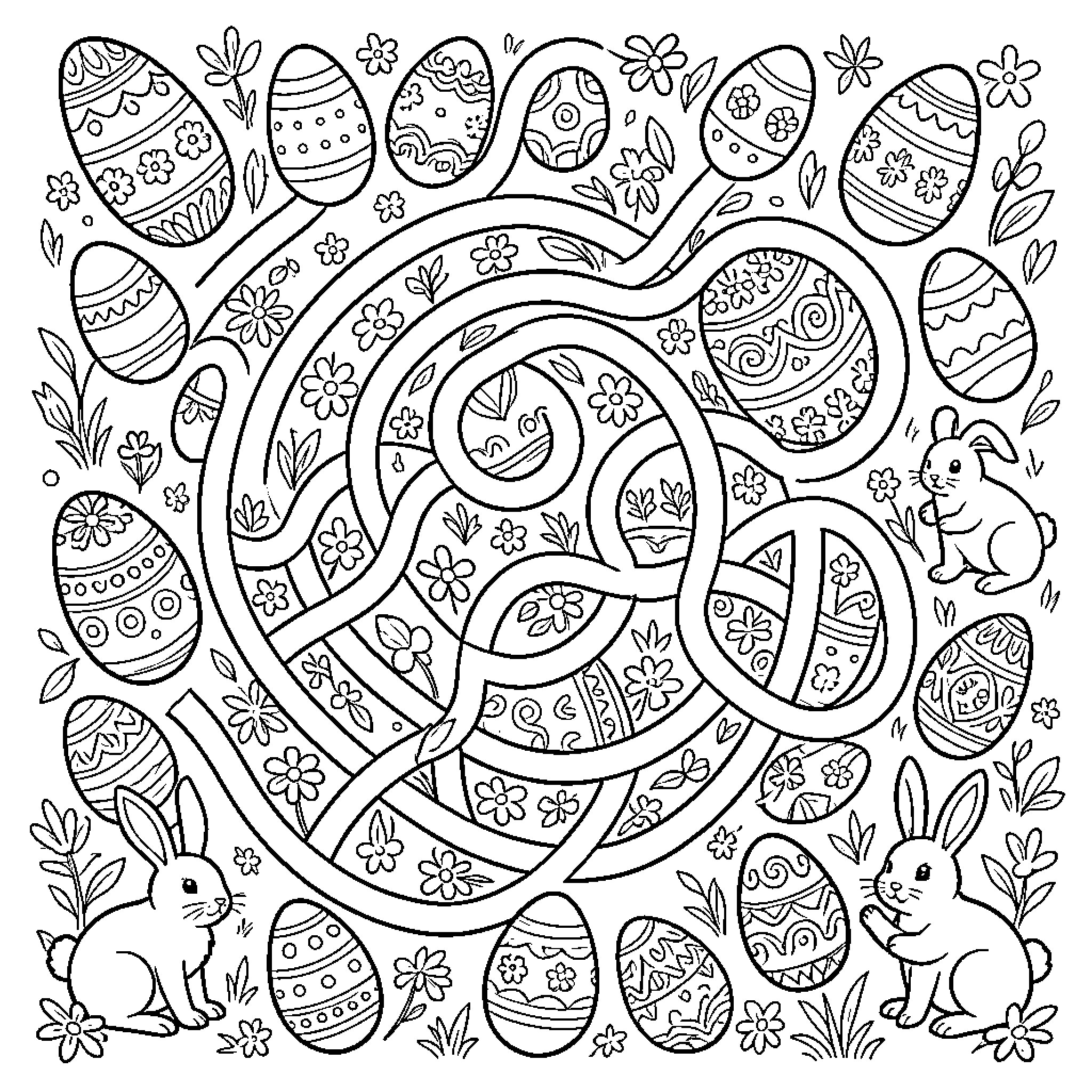 Easter Decorations and Bunnies Celebration Coloring Page (free black-and-white line drawing printable PDF for all, from beginners to advanced learners, including children, teens, adults, and seniors)