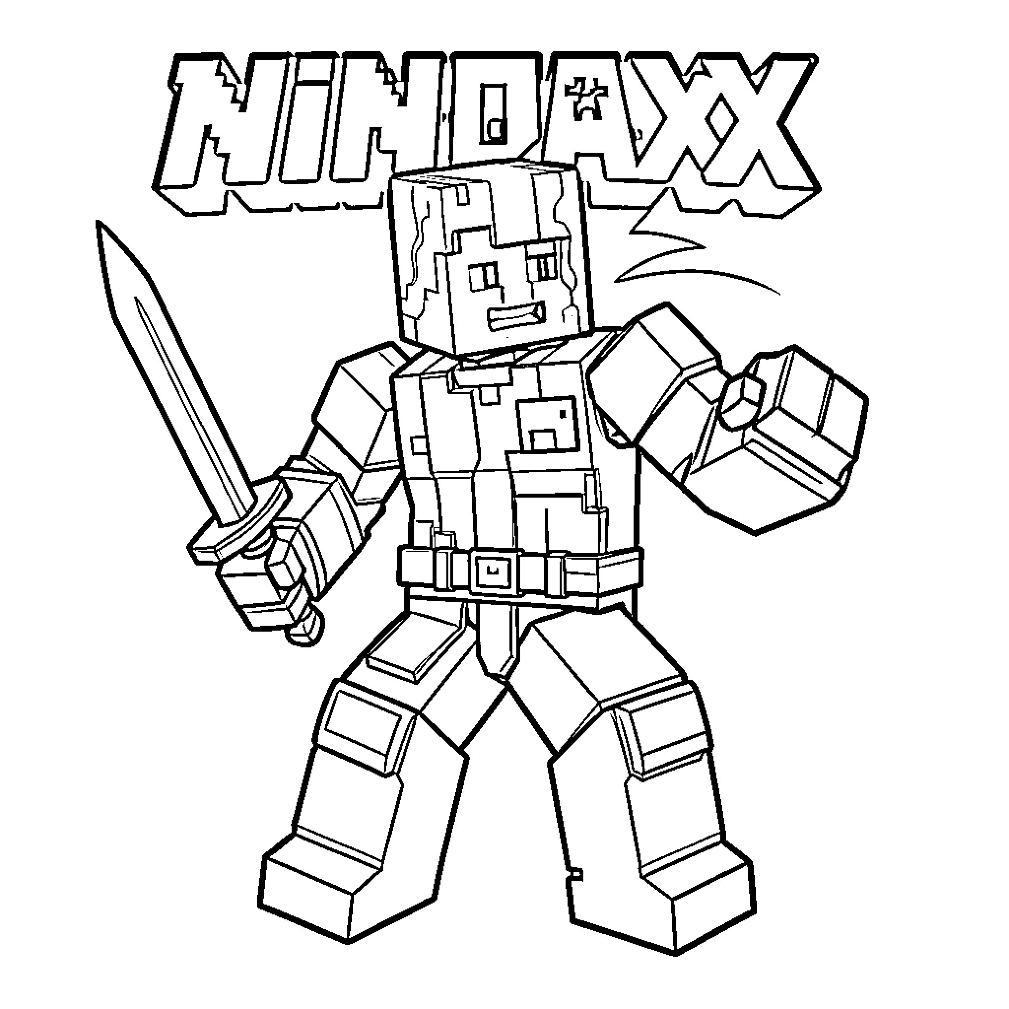 Ninjaxx character wielding a sword in a heroic pose Coloring Page (free black-and-white line drawing printable PDF for all, from beginners to advanced learners, including children, teens, adults, and seniors)