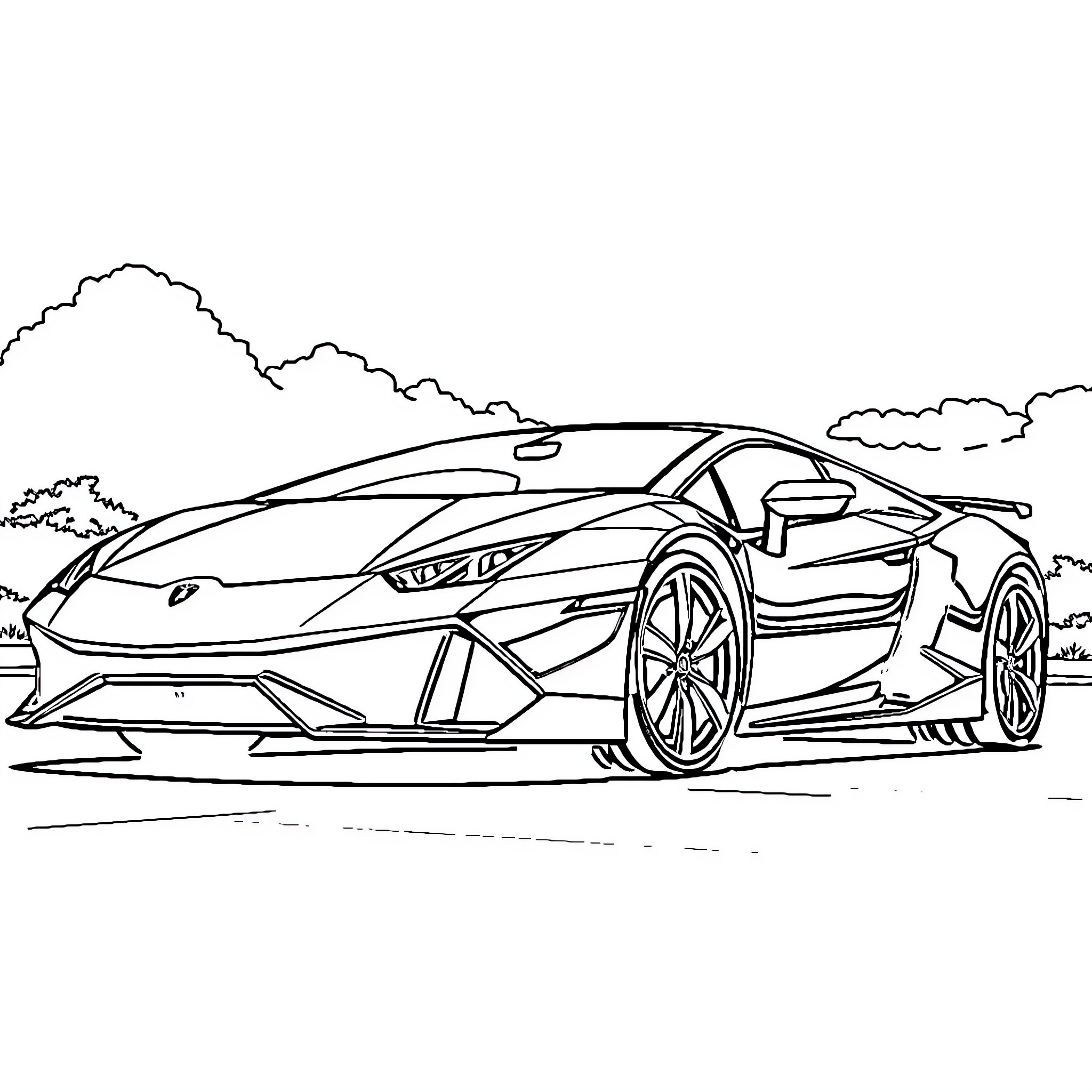 Lamborghini luxury sports car on the road Coloring Page (free black-and-white line drawing printable PDF for all, from beginners to advanced learners, including children, teens, adults, and seniors)