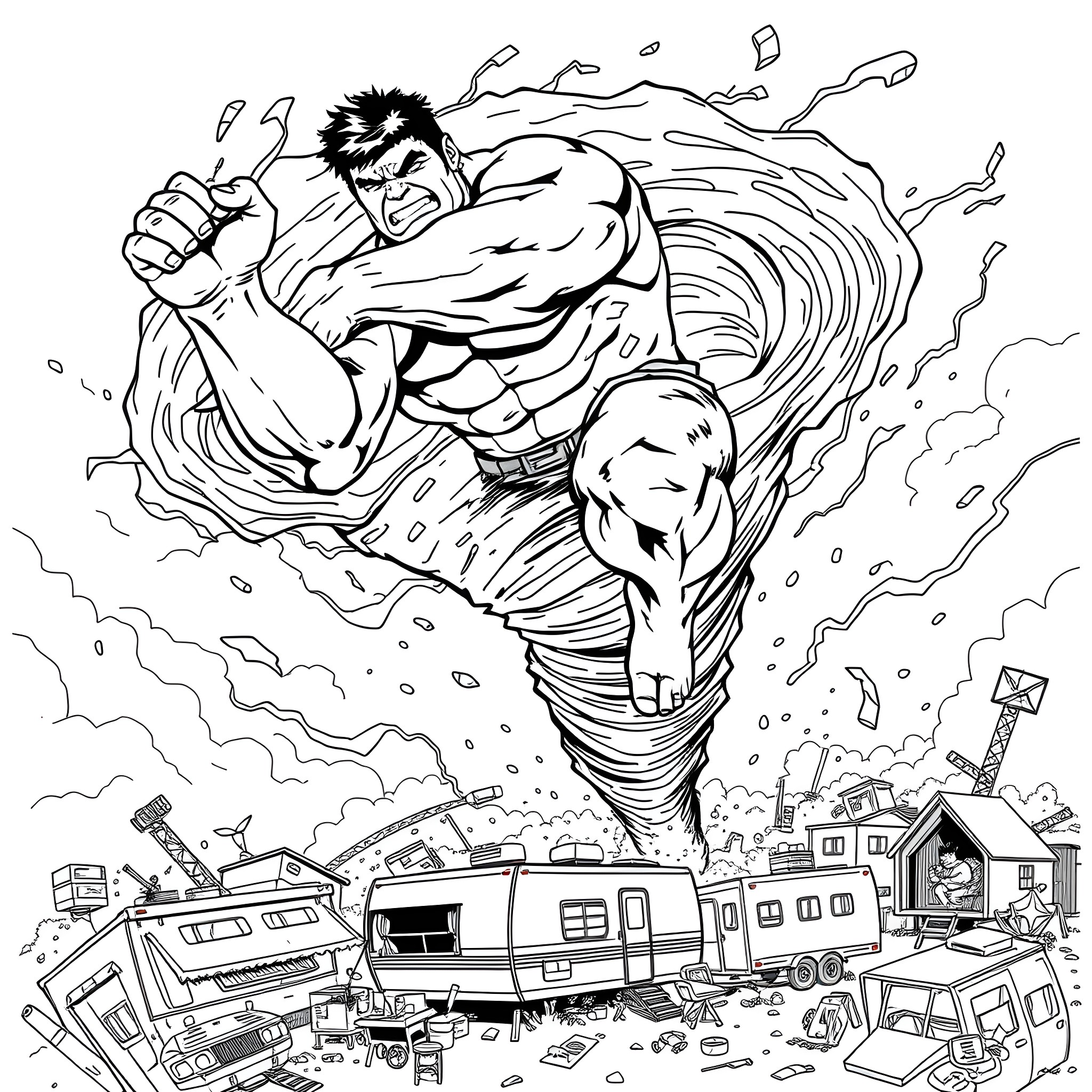 Hulk Unleashing Destruction in Chaotic Cityscape Coloring Page (free black-and-white line drawing printable PDF for all, from beginners to advanced learners, including children, teens, adults, and seniors)