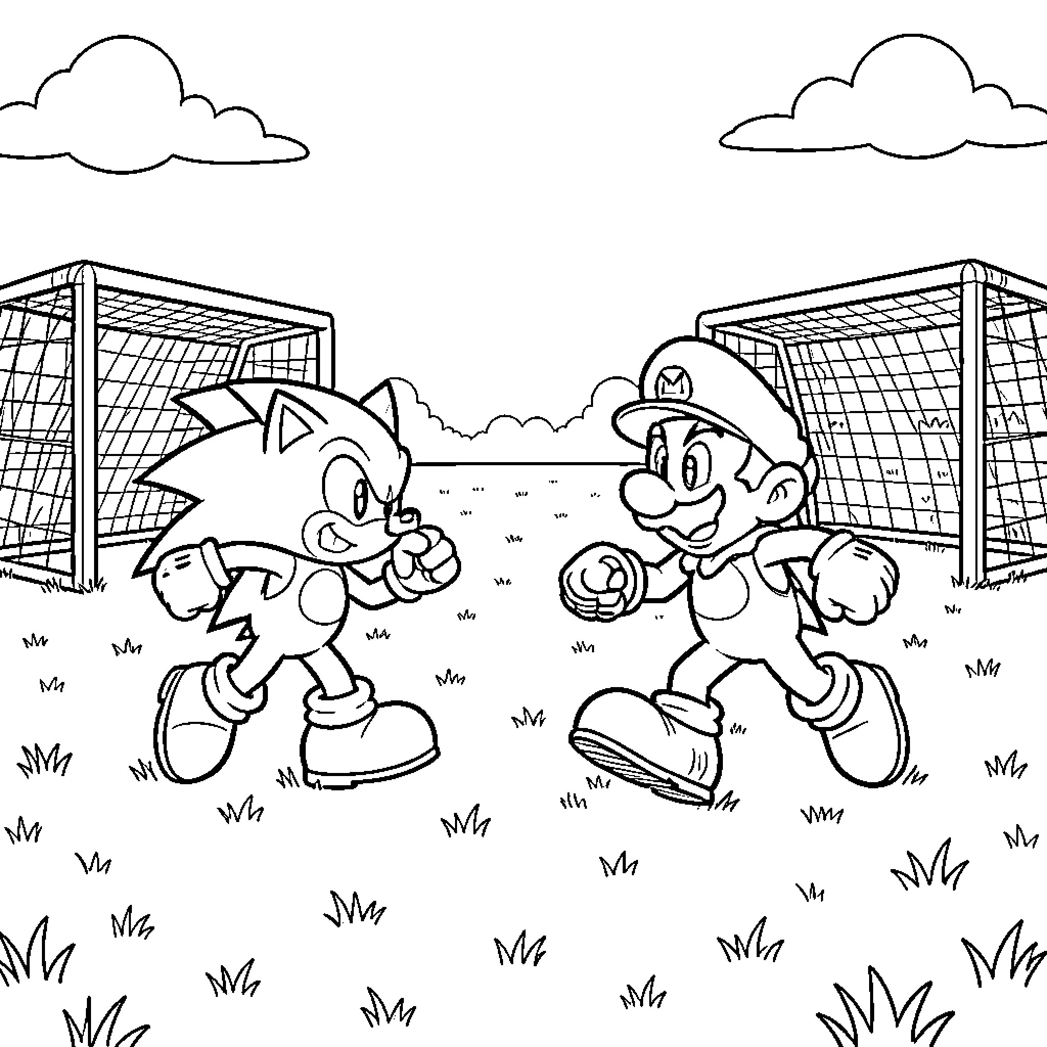 Sonic and Mario competing in a soccer match Coloring Page (free black-and-white line drawing printable PDF for all, from beginners to advanced learners, including children, teens, adults, and seniors)