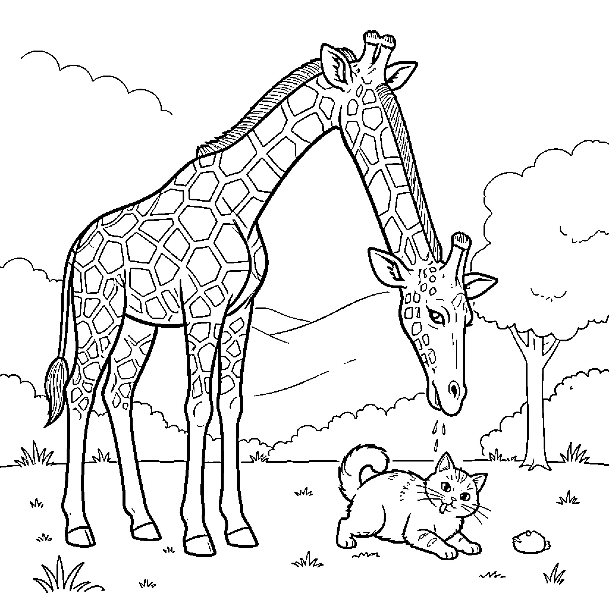 Giraffe looking down at a small kitten Coloring Page (free black-and-white line drawing printable PDF for all, from beginners to advanced learners, including children, teens, adults, and seniors)