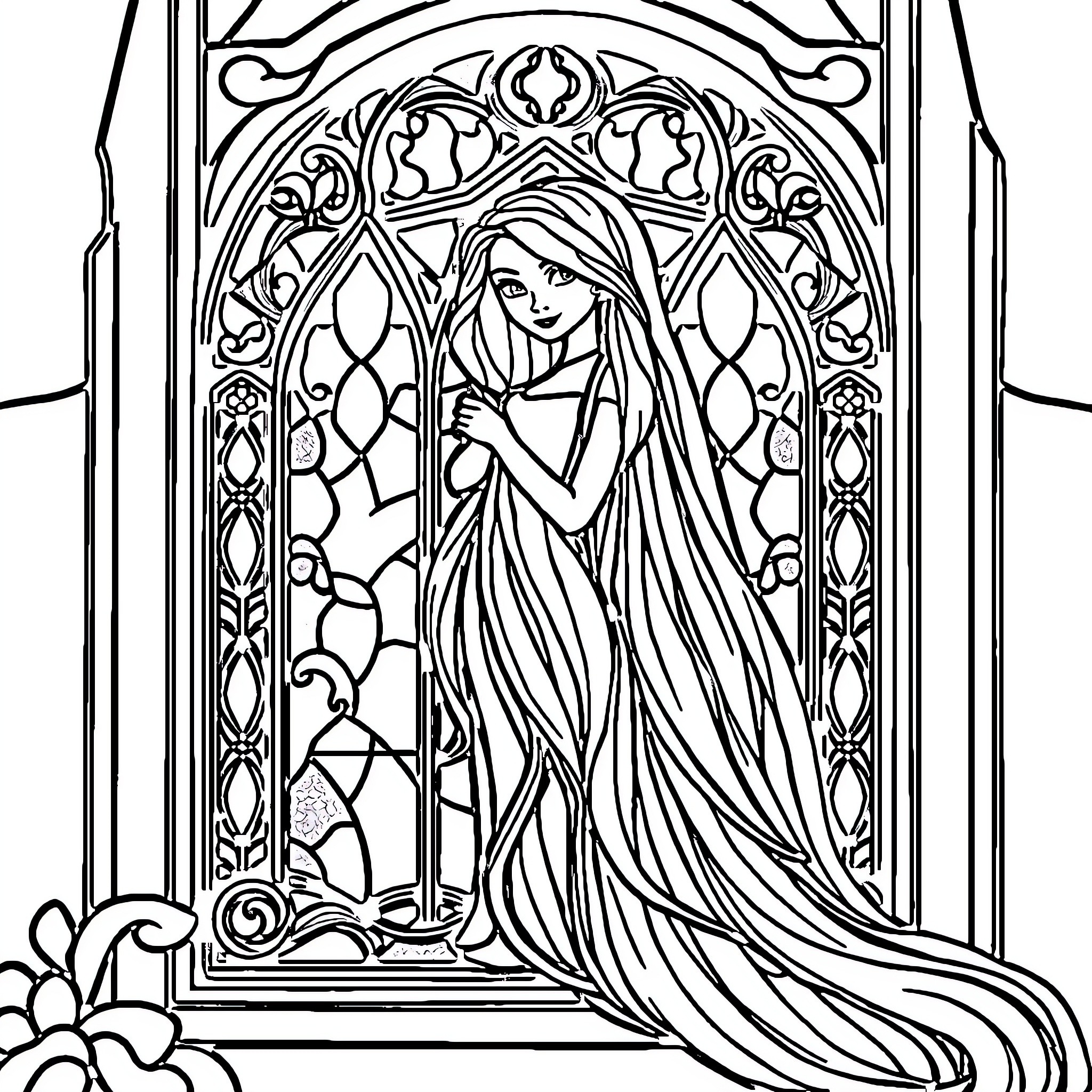 Rapunzel in a Stained Glass Window Coloring Page (free black-and-white line drawing printable PDF for all, from beginners to advanced learners, including children, teens, adults, and seniors)